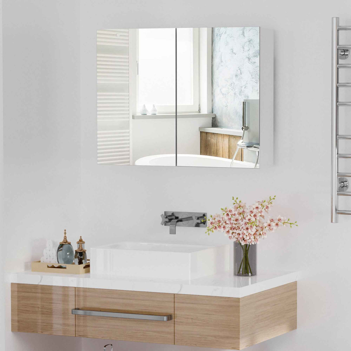 HOMCOM Double Door Wall Mounted Glass Mirror Cabinet Modern Storage Unit Bathroom Shelf Organiser Waterproof Wooden Frame 80Wx15Dx60H(cm)