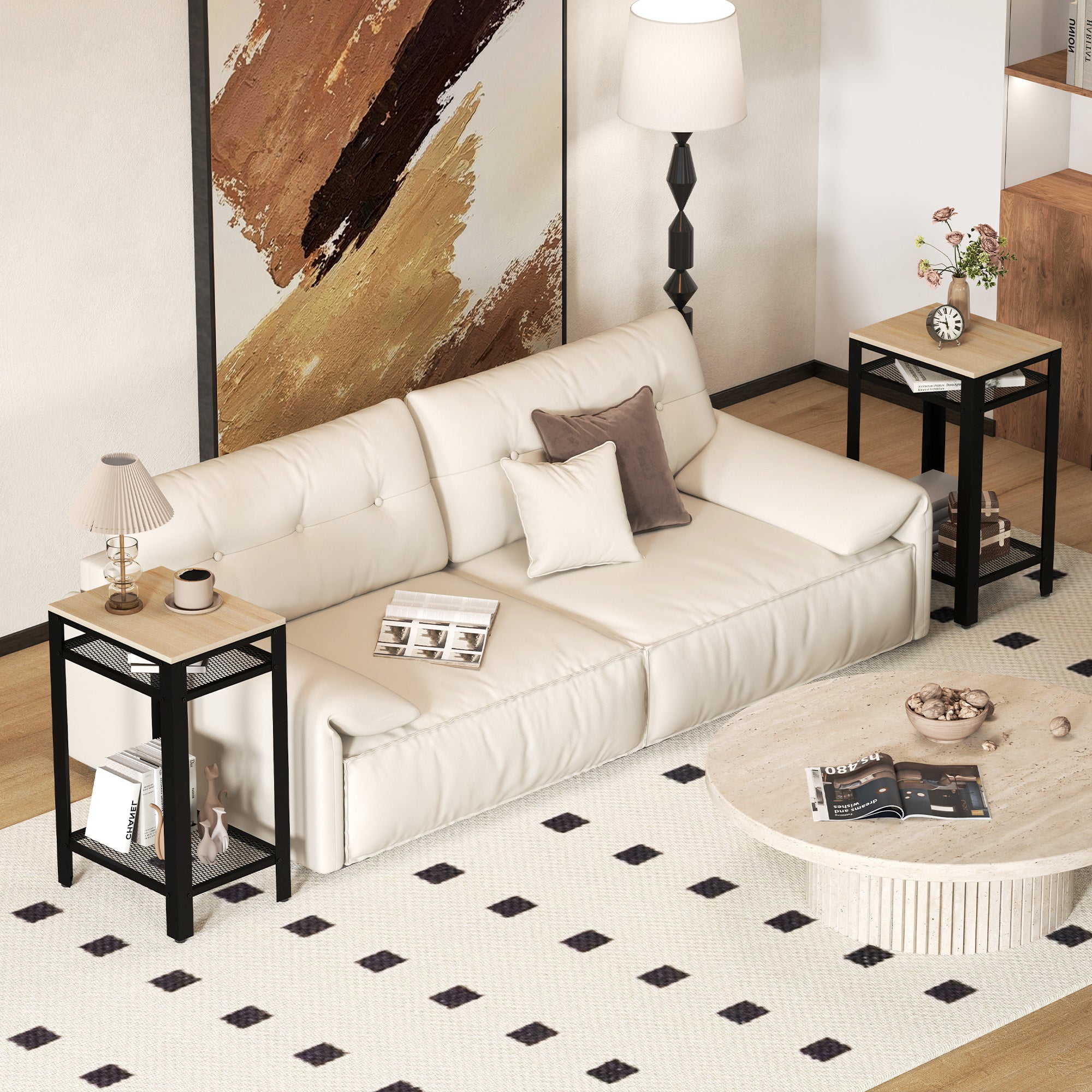 HOMCOM Tall Side Table Set of 2 with 3 Layer, 2 Shelves Storage Display Industrial-Style, Metal Frame, Bedside End Table for Living Room Bedroom, Oak and Black