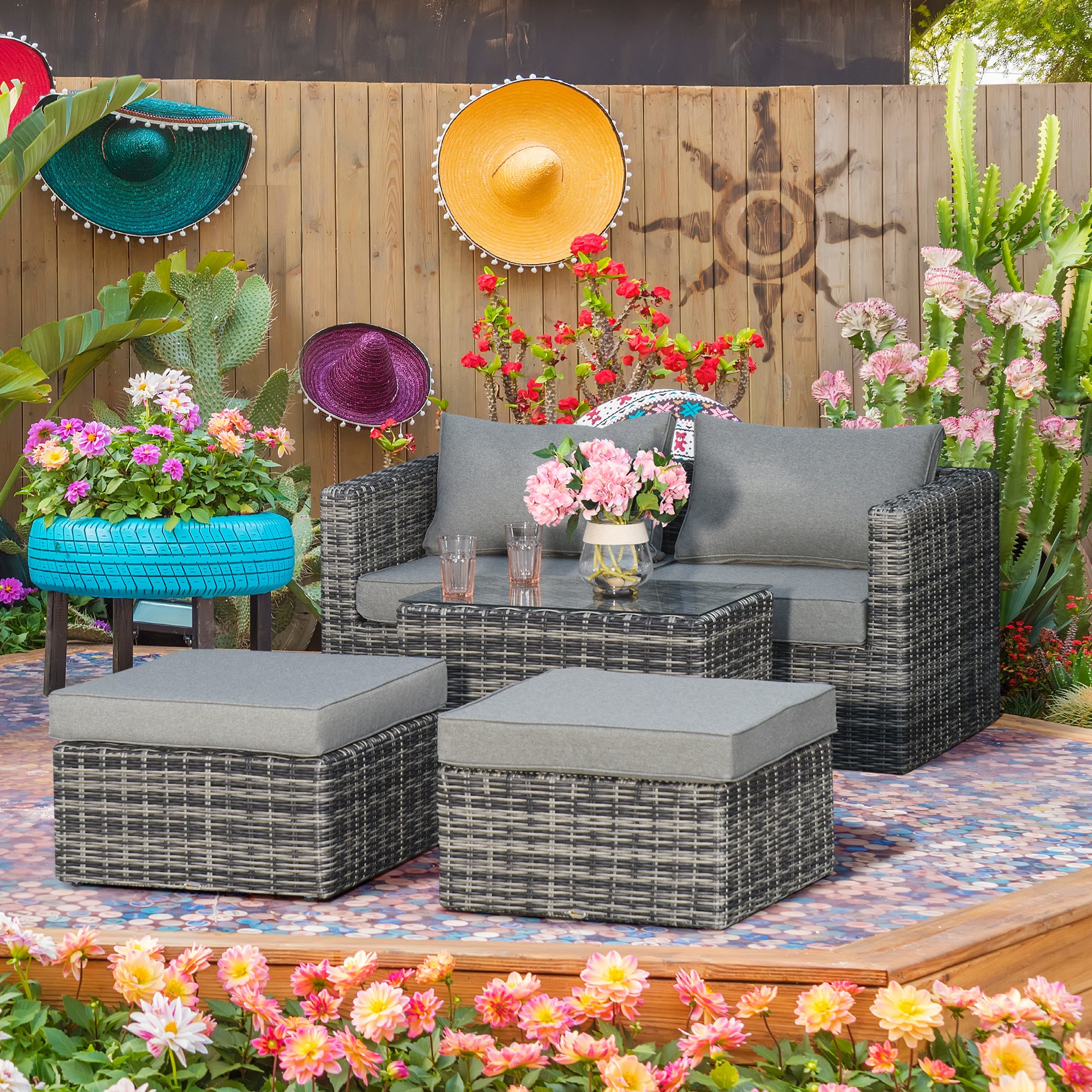 Outsunny Five Piece Rattan Armchair, Stool and Table Set - Mixed Grey - North Peak Garden Furniture