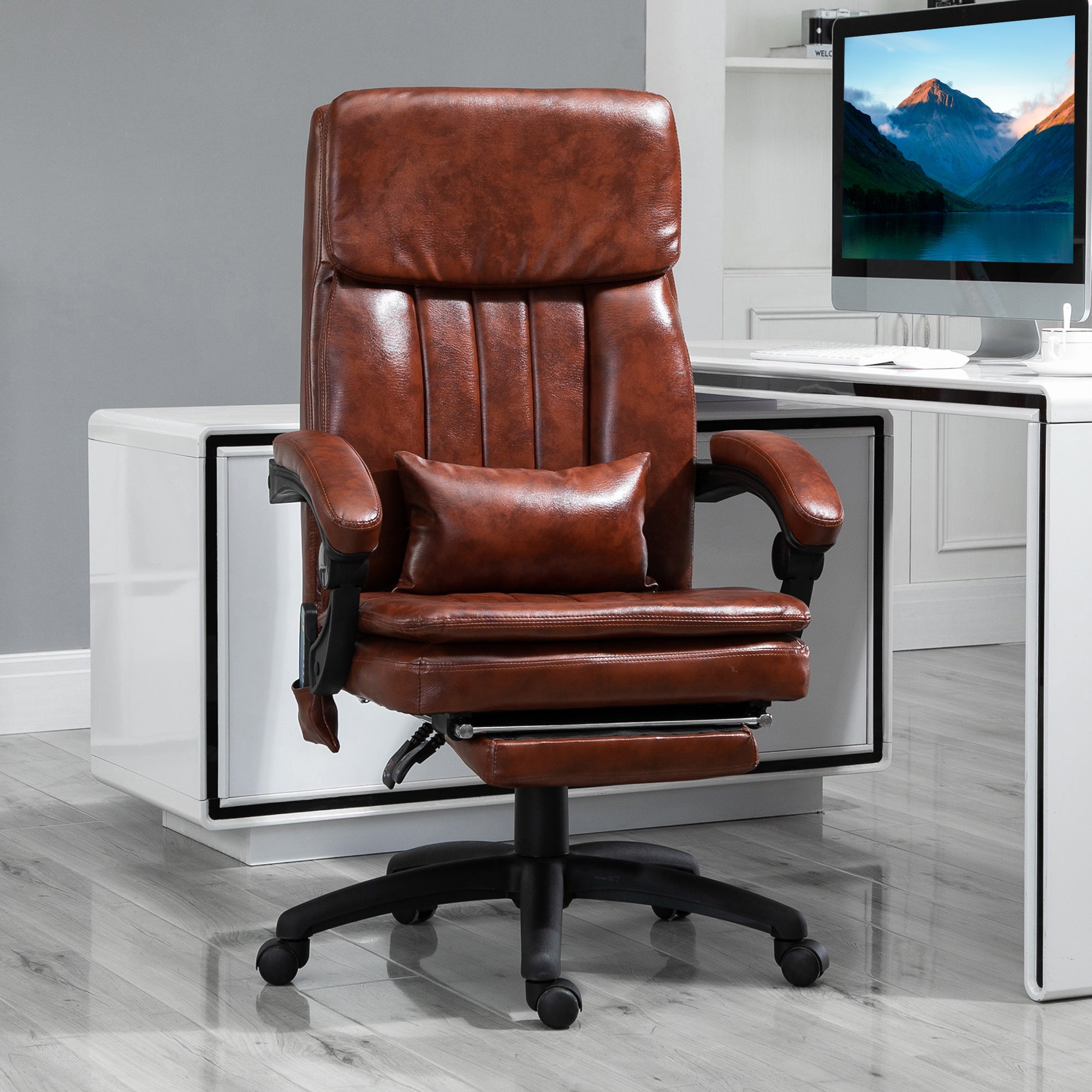 Vinsetto PU Leather Office Chair with 7 Point Vibrating Massage, Computer Desk Chair with Footrest, Adjustable Height, Reclining Back, Brown - North Peak Garden Furniture