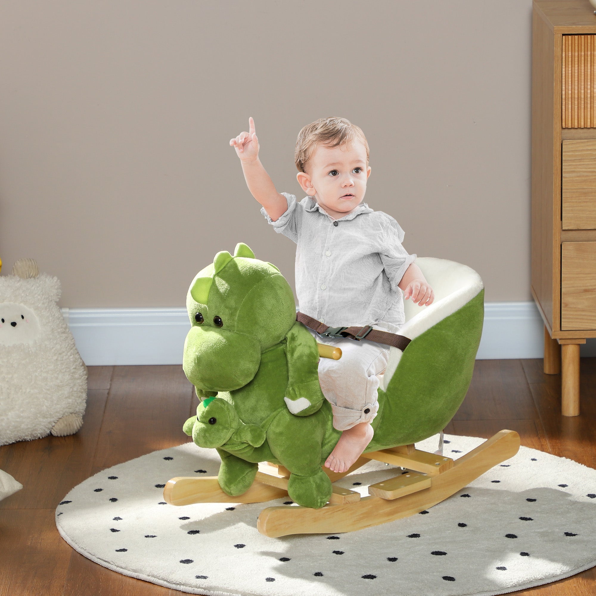 AIYAPLAY Dinosaur-Shaped Baby Rocking Horse w/ Safety Belt, 32 Songs - North Peak Garden Furniture