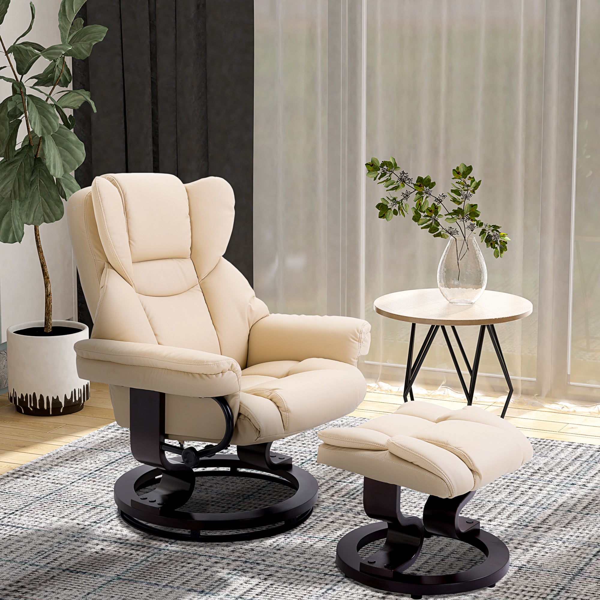 HOMCOM Faux Leather Recliner Chair and Footstool, Swivel Upholstered Armchair and Footstool with Adjustable Backrest, Solid Wood Base for Living Room, Cream - North Peak Garden Furniture