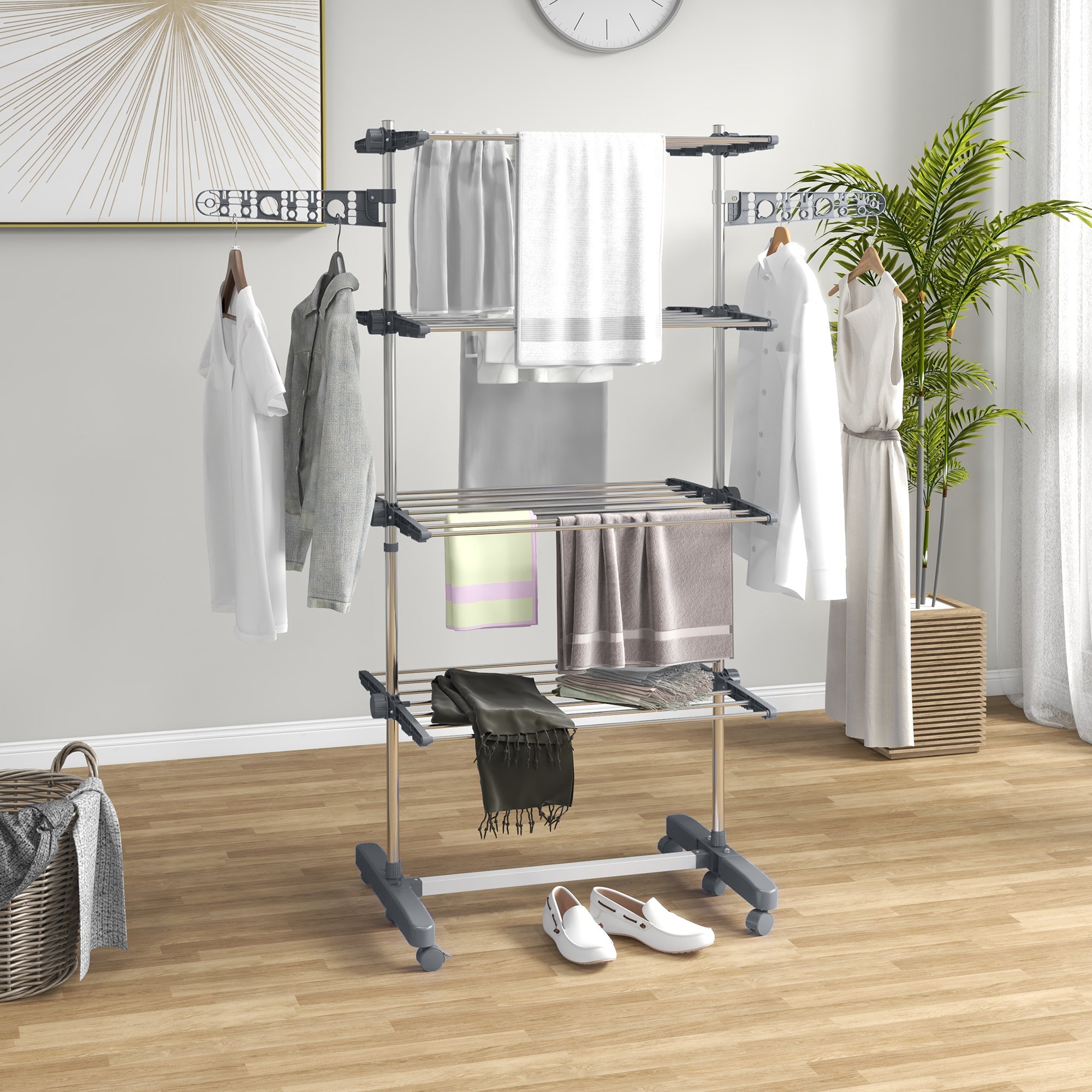 HOMCOM Four-Shelf Collapsing Clothes Horse, With Side Arms and Wheels - Grey - North Peak Garden Furniture