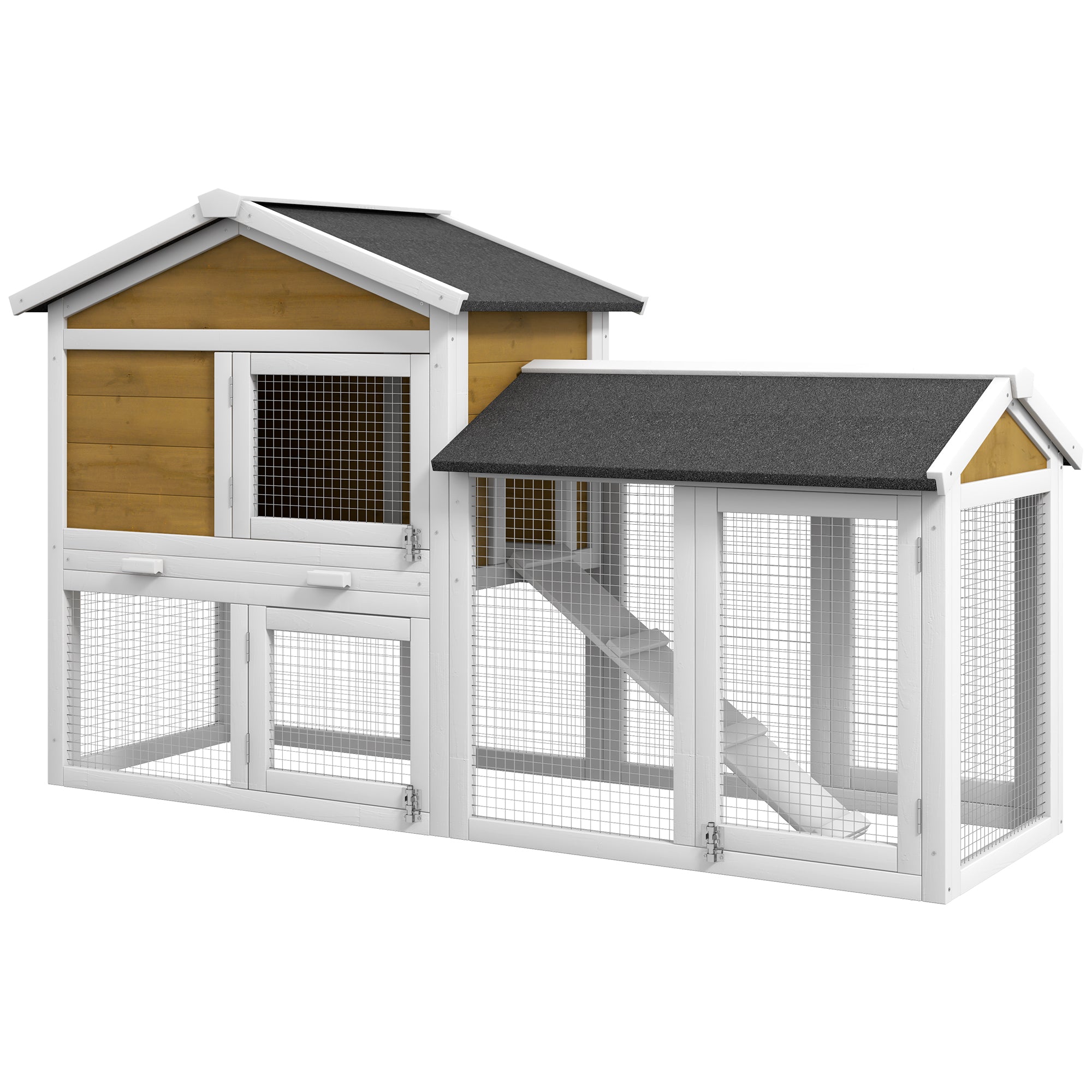 PawHut Wooden Rabbit Hutch Outdoor, Double Tier with Water-Resistant Roof, Ramp 147 x 54 x 84 cm, Yellow - North Peak Garden Furniture