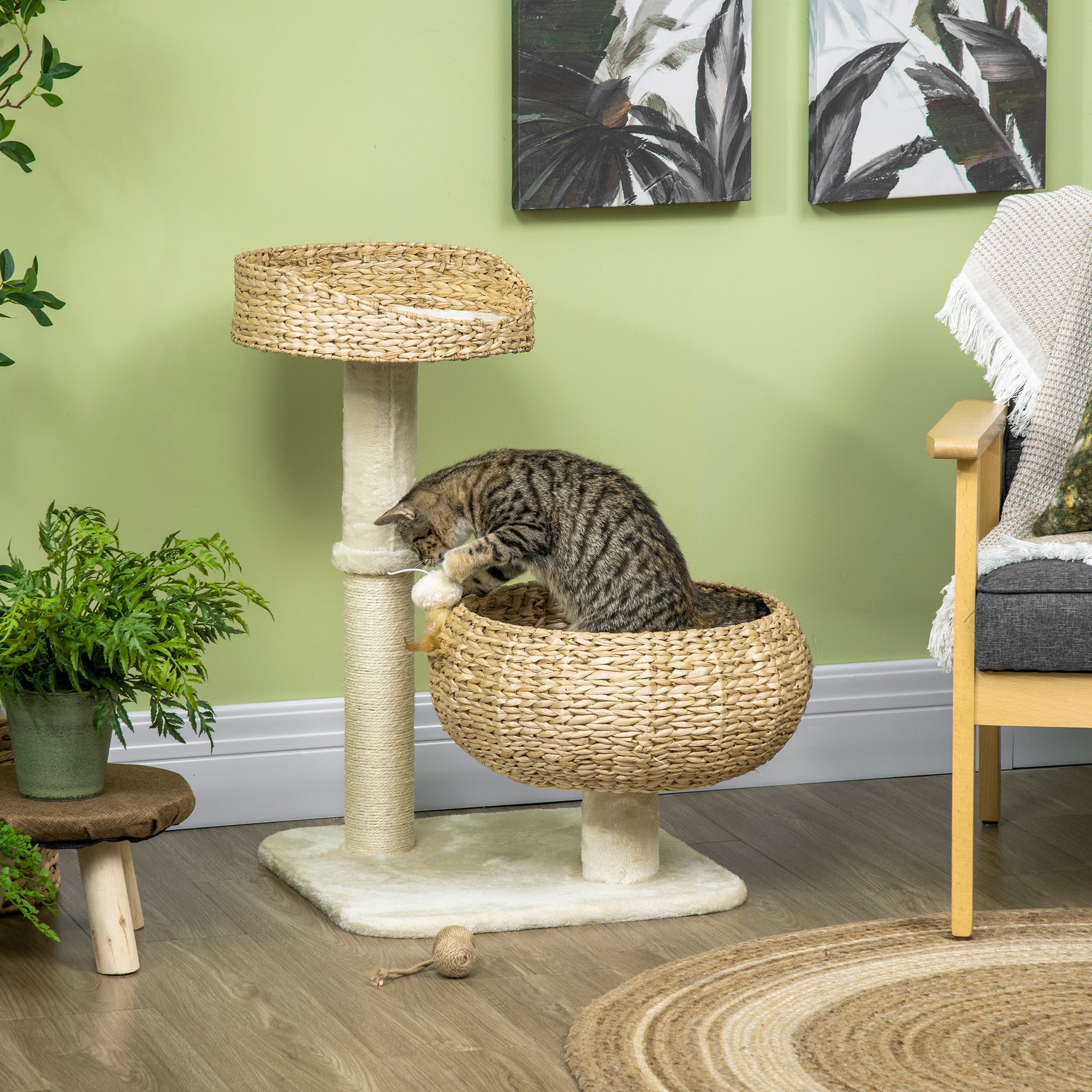PawHut 72cm Cat Tree Kitten Tower, with Sisal Scratching Post, Two Beds, Toy Ball - North Peak Garden Furniture