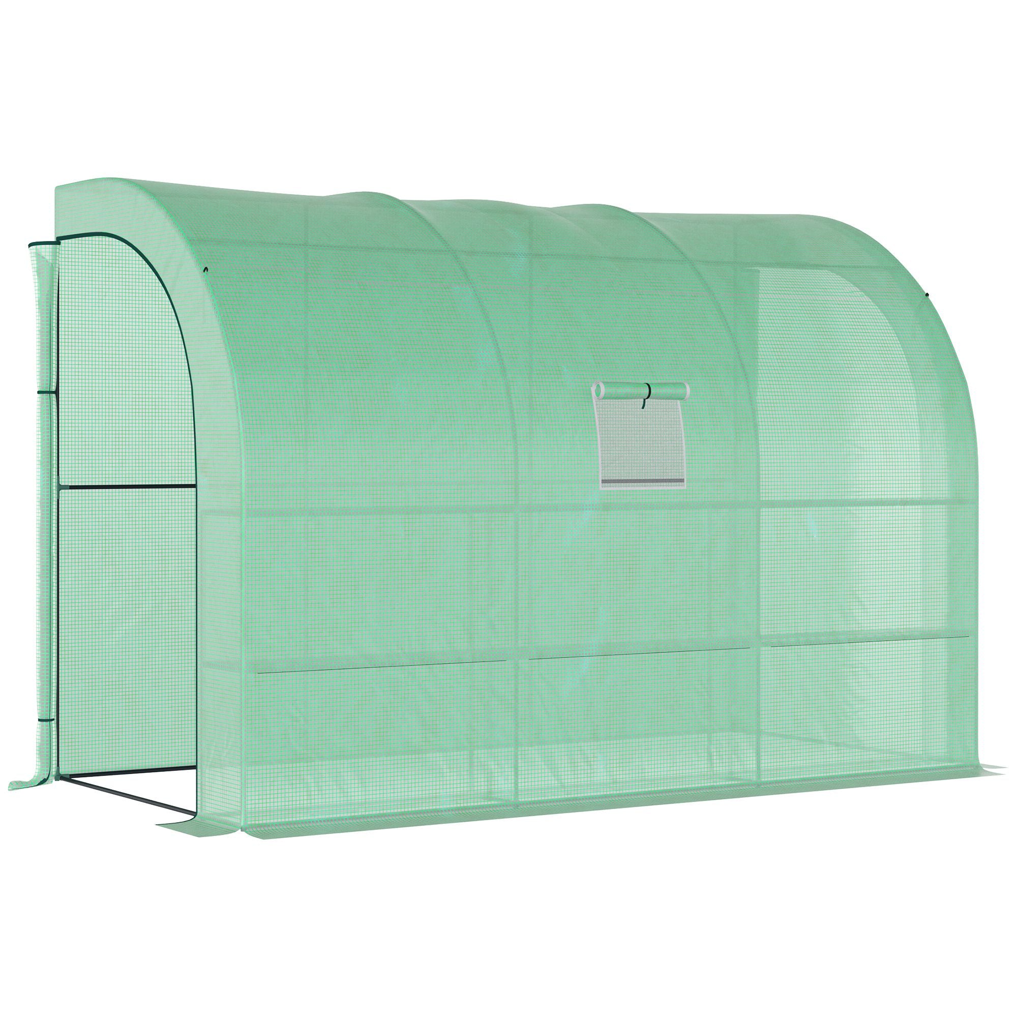 Outsunny Walk-In Lean to Greenhouse with Windows and Zippered Doors, 2 Tiers 6 Wired Shelves 300L x 150W x 213Hcm Green - North Peak Garden Furniture