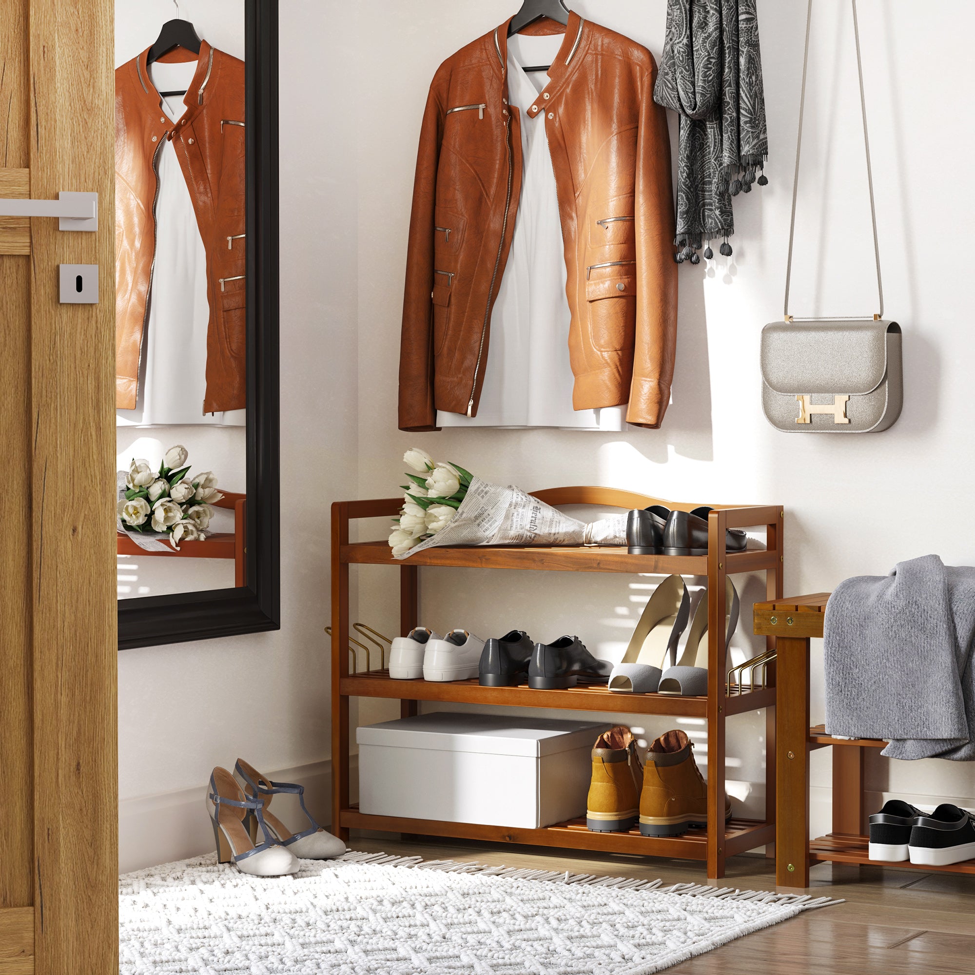 HOMCOM 3-Tier Shoe Rack, Acacia Wooden Shoe Storage Organiser with 2 Hangers, Holds up to 12 Pairs, for Entryway, Living Room, 74 x 26 x 62 cm, Teak - North Peak Garden Furniture