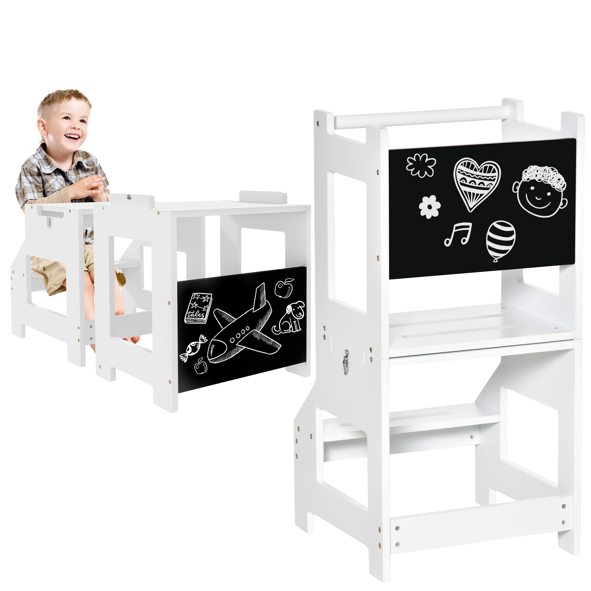 HOMCOM 2 in 1 Kids Kitchen Step Stool with Safety Rail Toddler Steps with Chalkboard for Kitchen Bathroom, White - North Peak Garden Furniture