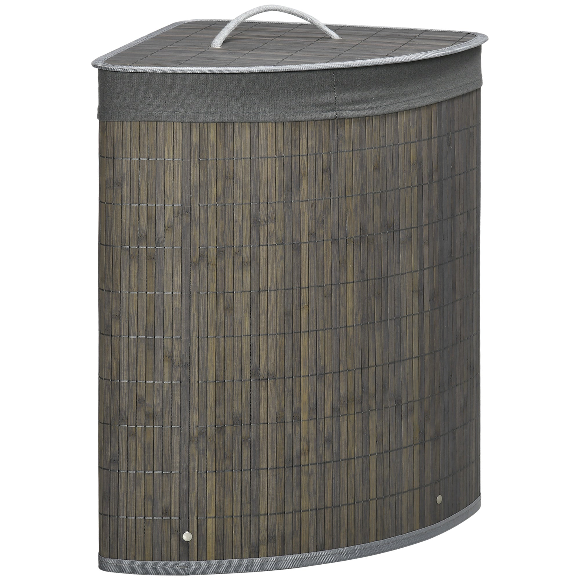 HOMCOM Bamboo Laundry Basket with Lid, 55 Litres Laundry Hamper with Removable Washable Lining, Corner Washing Baskets, 38 x 38 x 57cm, Grey - North Peak Garden Furniture