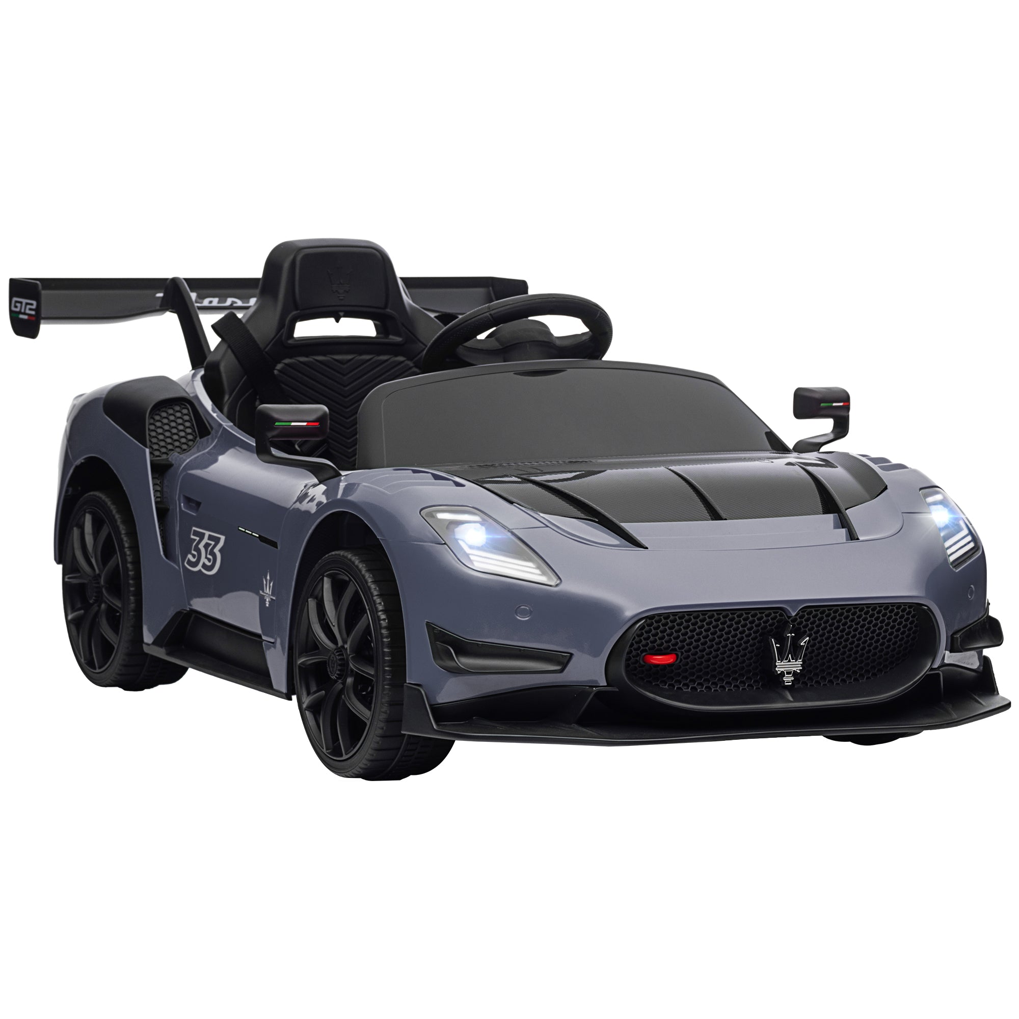 AIYAPLAY Maserati GT2 Licensed 12V Kids Electric Ride on Car with 4 Suspension, Remote Control Music Horn Lights - Grey - North Peak Garden Furniture