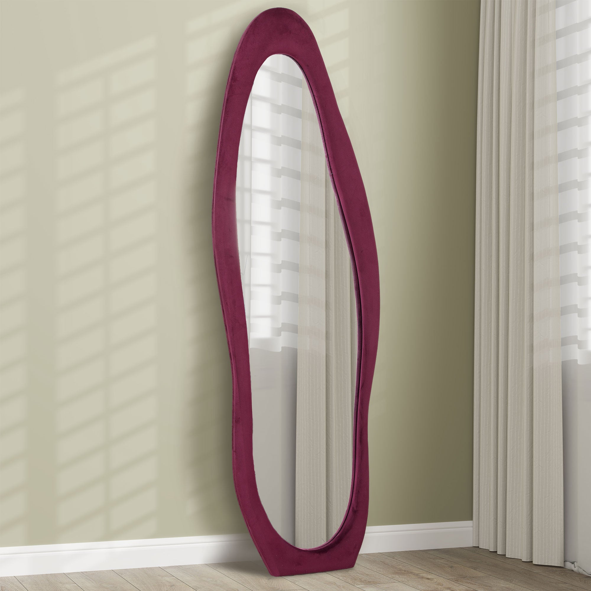 HOMCOM Wavy Velvet-Feel Full Length Mirror - Wine Red - North Peak Garden Furniture