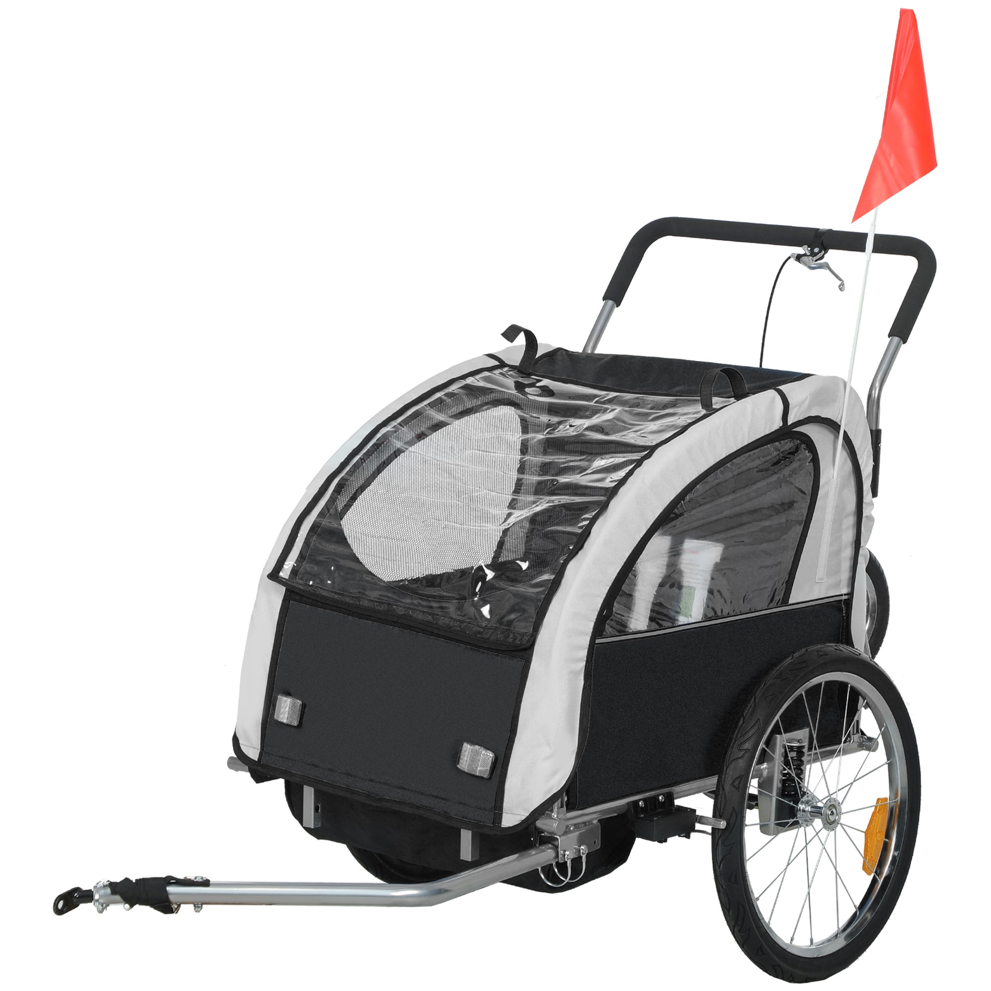 HOMCOM 2 Seat Bike Trailer with 5 Point Harness, Baby Bike Stroller with Safety Flag, Reflectors, for 18+ Months, Black - North Peak Garden Furniture