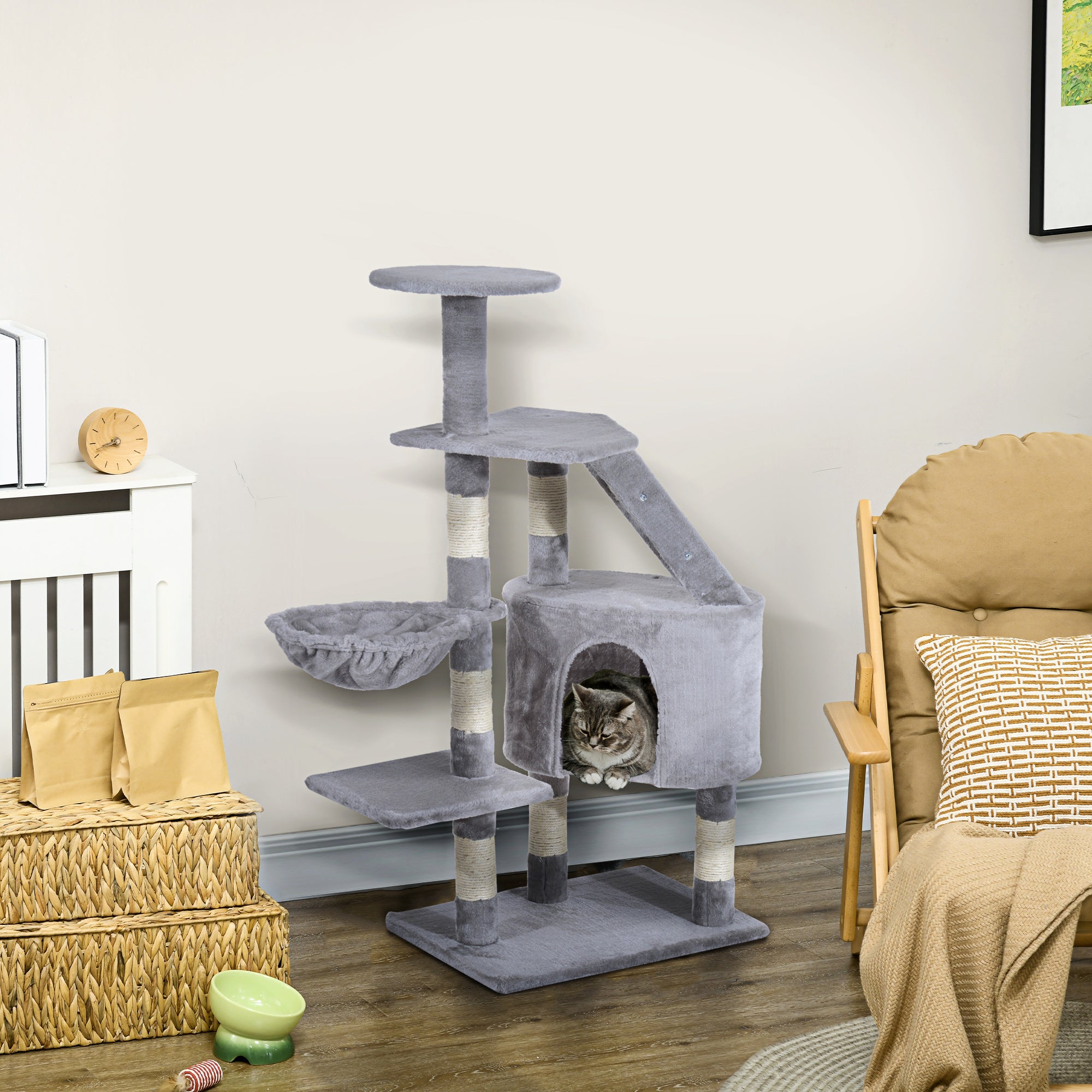 PawHut Cat Tree for Indoor Cats Kitten Scratching Post Scratch Scratcher Climb Activity Center Play House Pet Furniture 125cm (Grey) - North Peak Garden Furniture