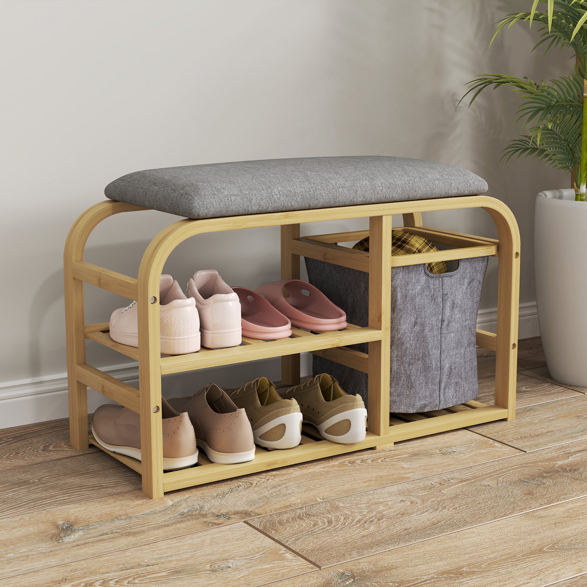 HOMCOM Bamboo Shoe Rack Bench with Padded Seat - Nature Wood Finish - North Peak Garden Furniture