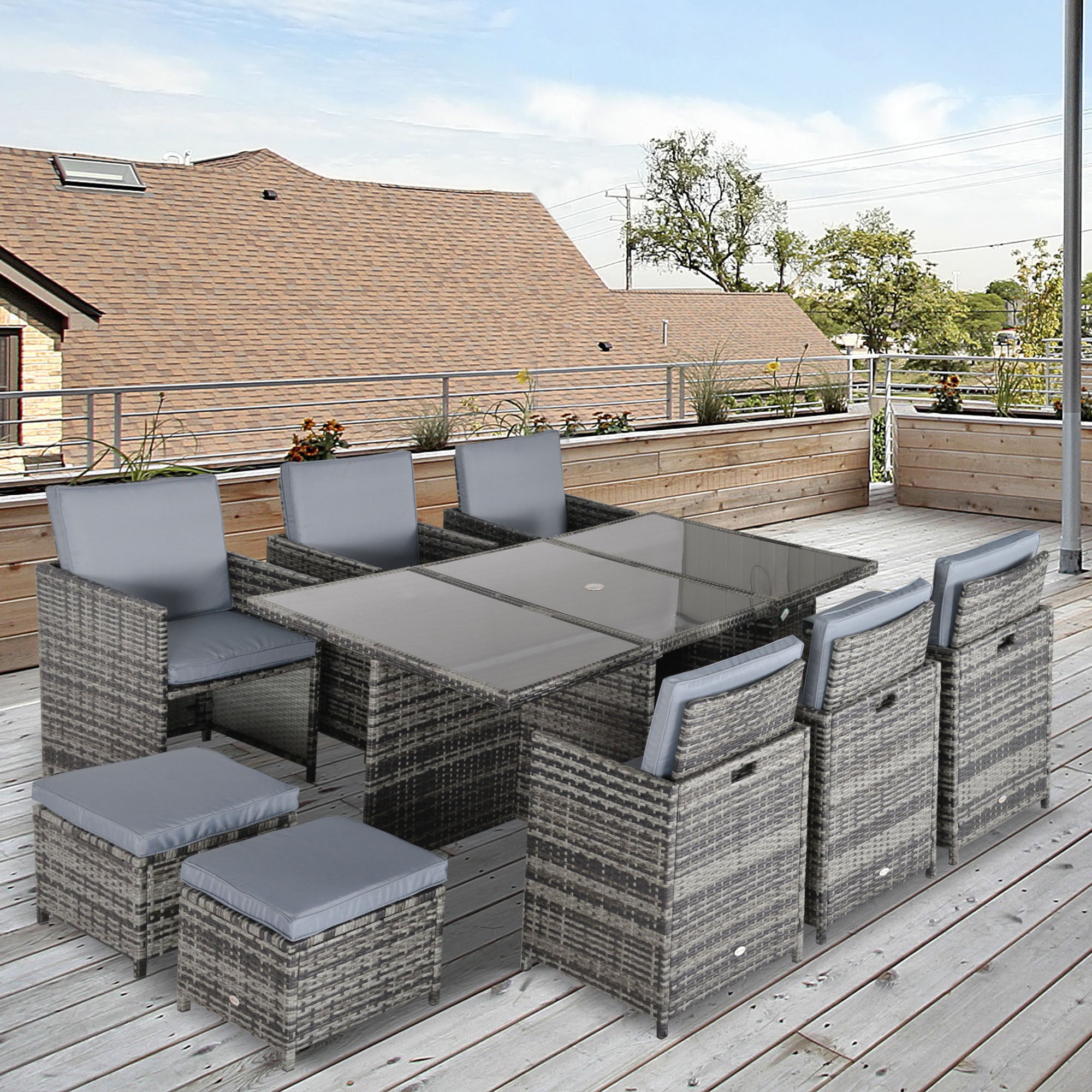 Outsunny 10 Seater Rattan Cube Garden Furniture Set with Parasol Hole, Rattan Dining Set with Cushions, Outdoor Dining Table and Chairs with Rectangular Glass Top Table for Patio, Mixed Grey - North Peak Garden Furniture