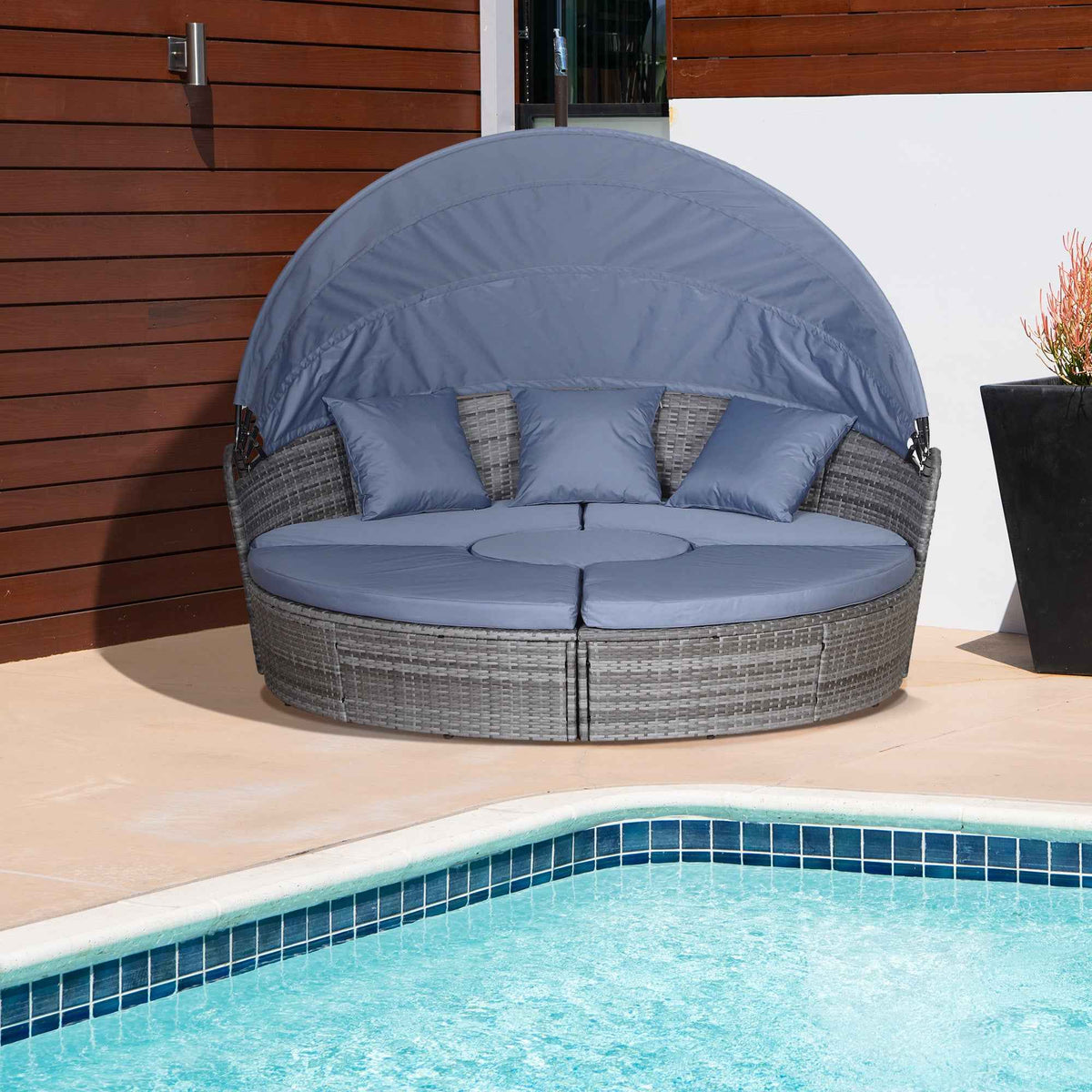 Outsunny PE Rattan Lounge Set, 5 Pieces Patio Conversation Furniture Set, Garden Round Sofa Bed with Cushion and Retractable Canopy, Grey