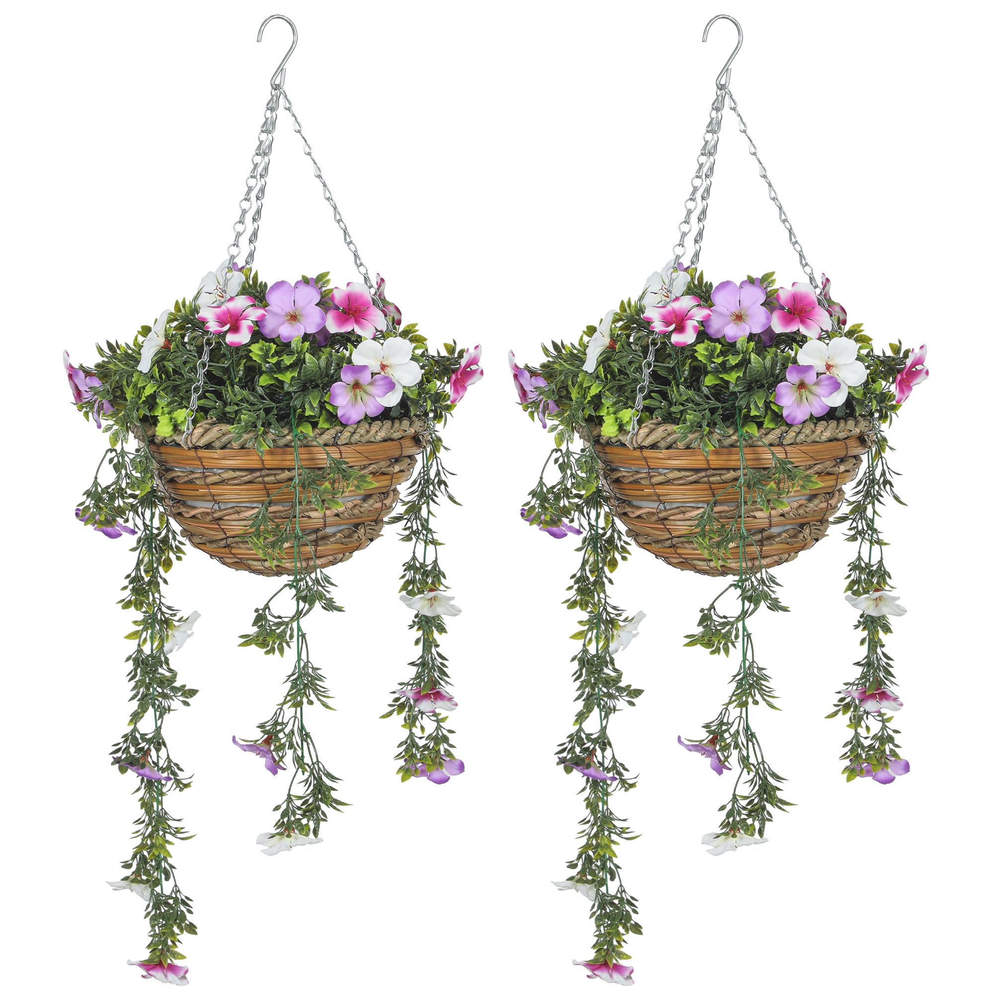 HOMCOM Set of 2 Decorative Artificial Plants, Faux Silk Azalea Flowers in Hanging Baskets, Fake Plants for Home Indoor Outdoor Decor, Pink and White - North Peak Garden Furniture