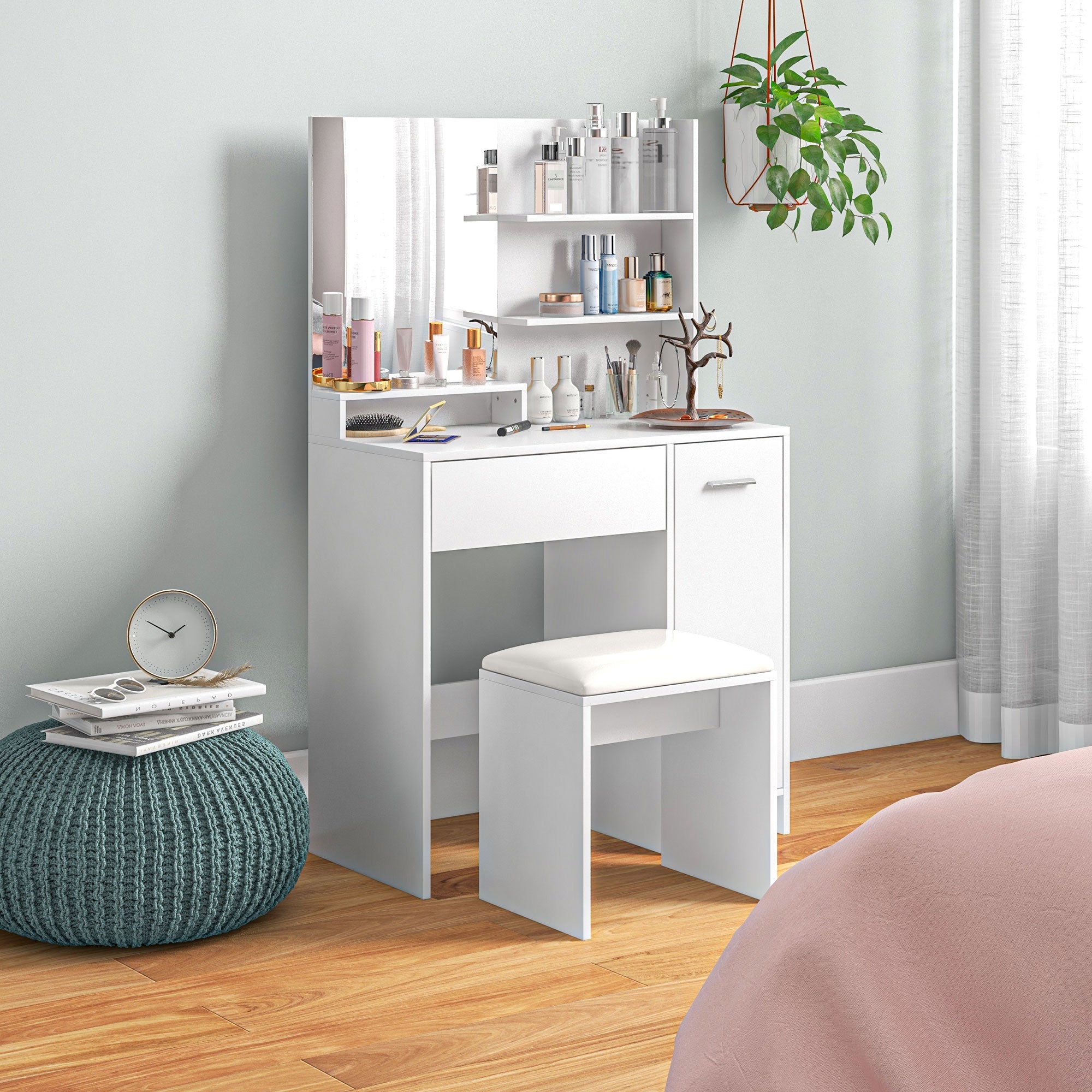 HOMCOM Dressing Table with Mirror and Stool, Vanity Table, Modern Makeup Desk with Drawer, Storage Cabinet and Adjustable Shelf for Bedroom, White - North Peak Garden Furniture