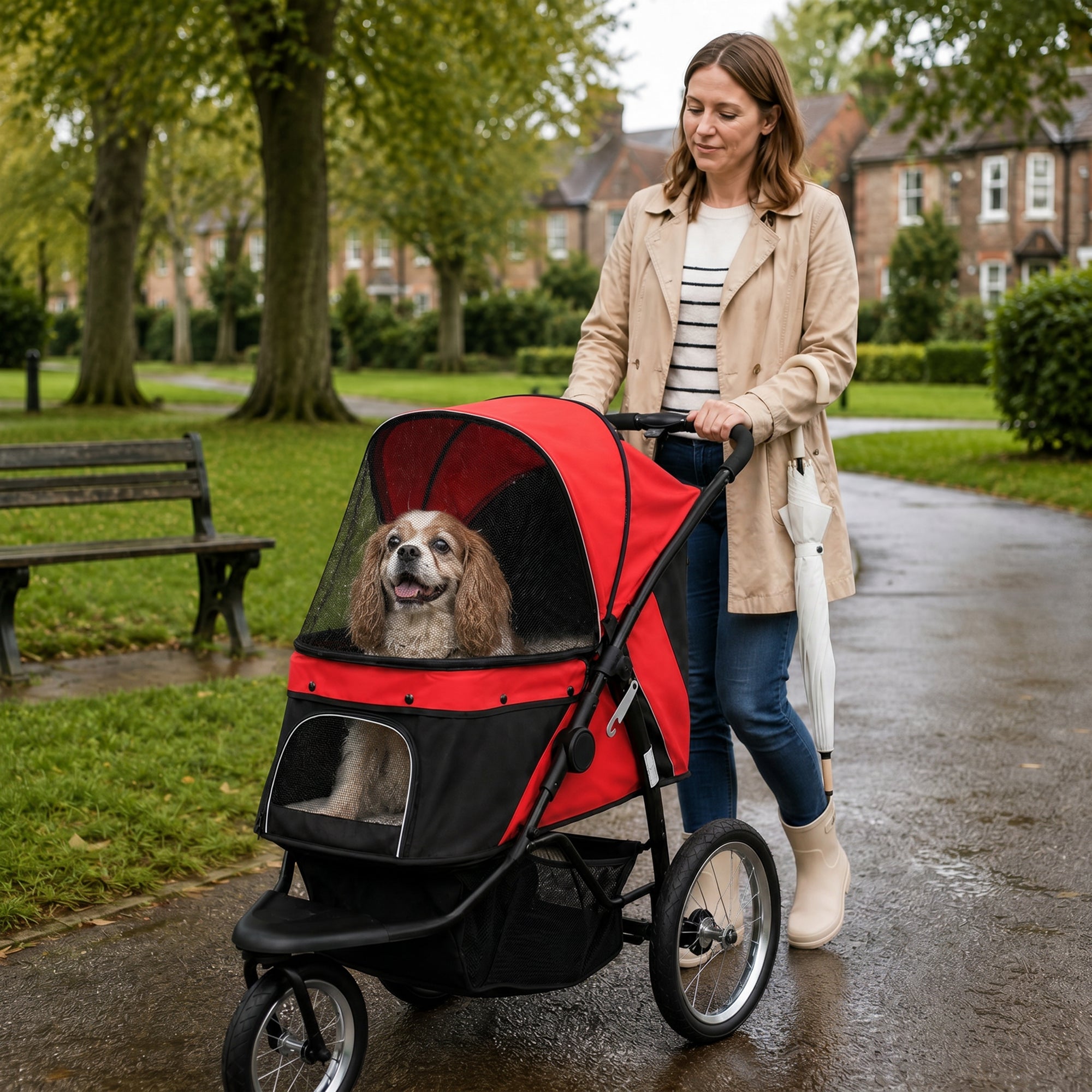 PawHut Foldable Pet Stroller with Three Wheels, for Small, Medium Dogs, Red