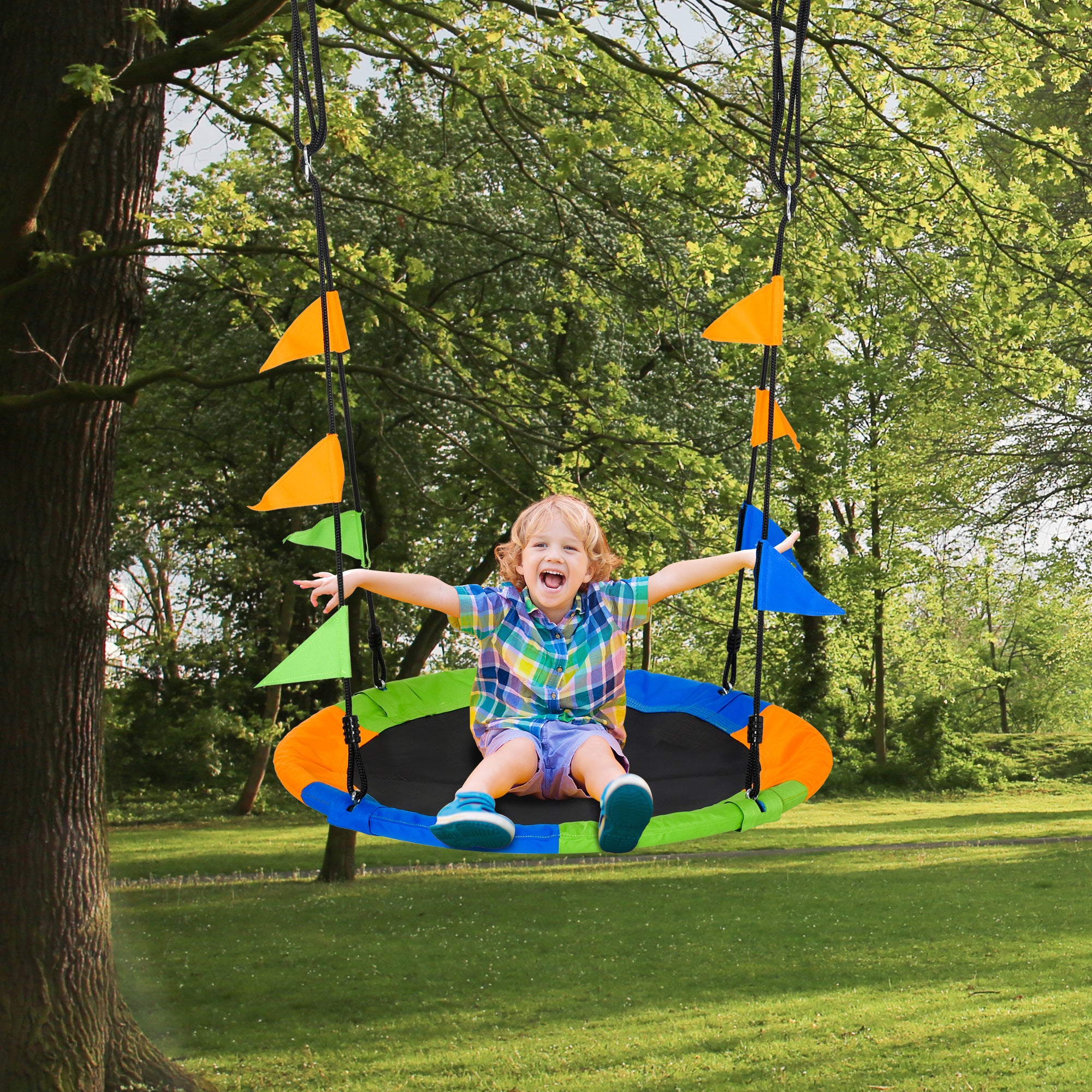 Outsunny Kid Nest Swing Seat Saucer Tree Swing 40 Inch/100cm Adjustable Rope Outdoor Indoor for Kids Over 3 Years Old Multi-Colour - North Peak Garden Furniture