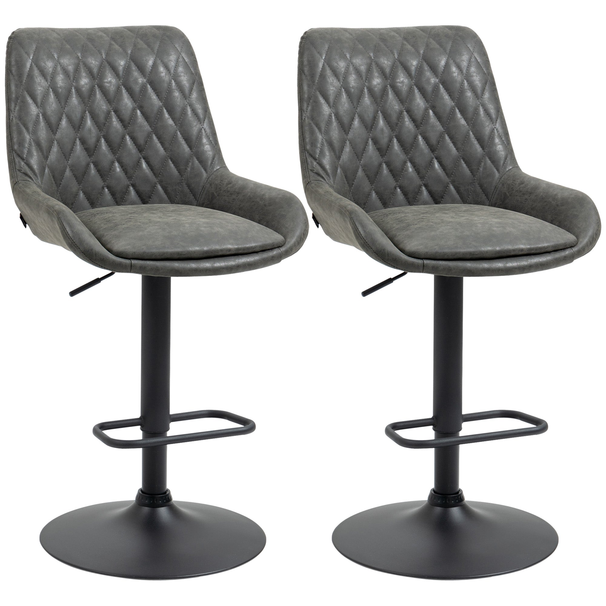 HOMCOM Retro Bar Stools Set of 2, Adjustable Kitchen Stool, Upholstered Bar Chairs with Back, Swivel Seat, Dark Grey - North Peak Garden Furniture