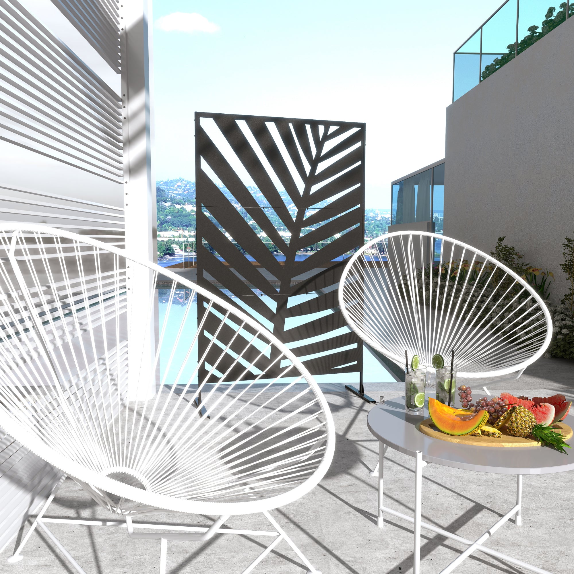 Outsunny Decorative Privacy Screen with Stand, 6.5FT Freestanding Metal Outdoor Divider, Decorative Privacy Panel with Expansion Screws for Garden Patio Pool Hot Tub, Banana Leaf Style, Black - North Peak Garden Furniture