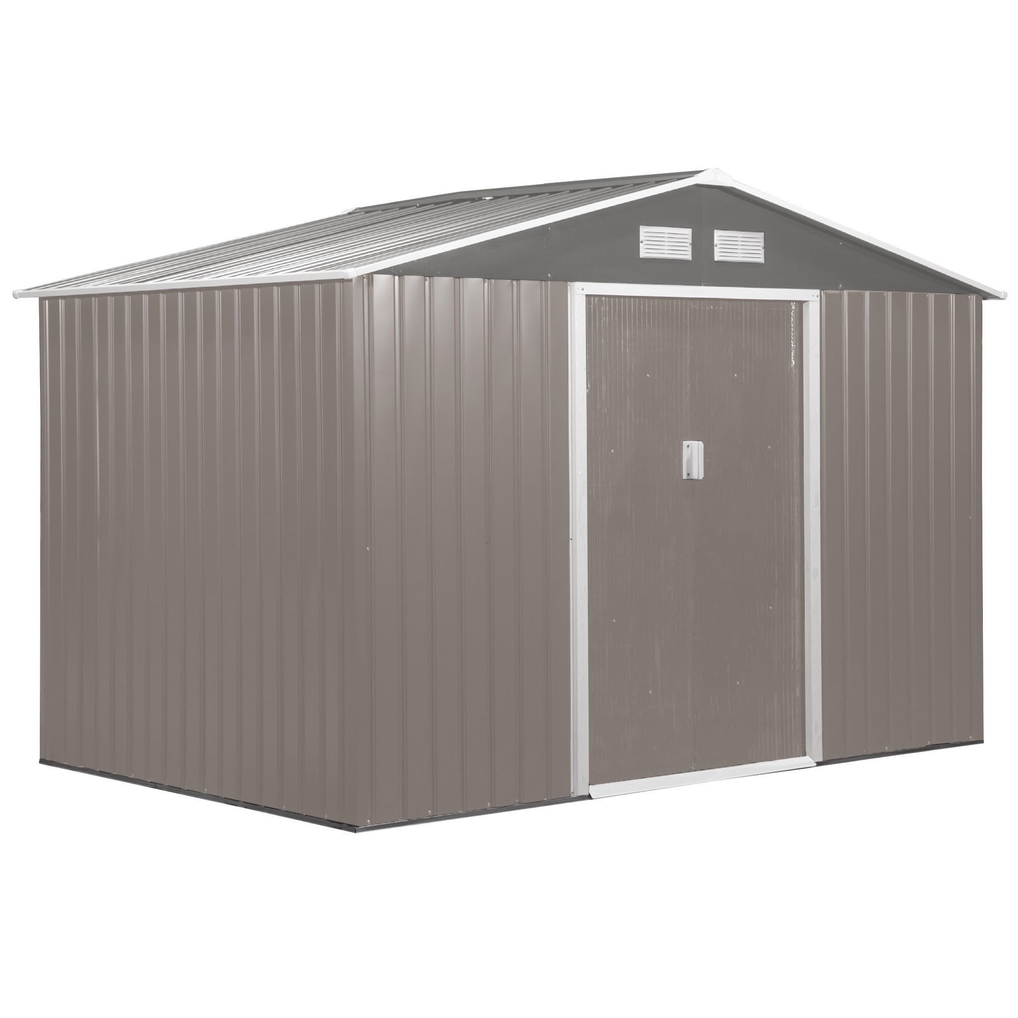 Outsunny 9 x 6FT Outdoor Garden Roofed Metal Storage Shed Tool Box with Foundation Ventilation & Doors Light, Grey - North Peak Garden Furniture