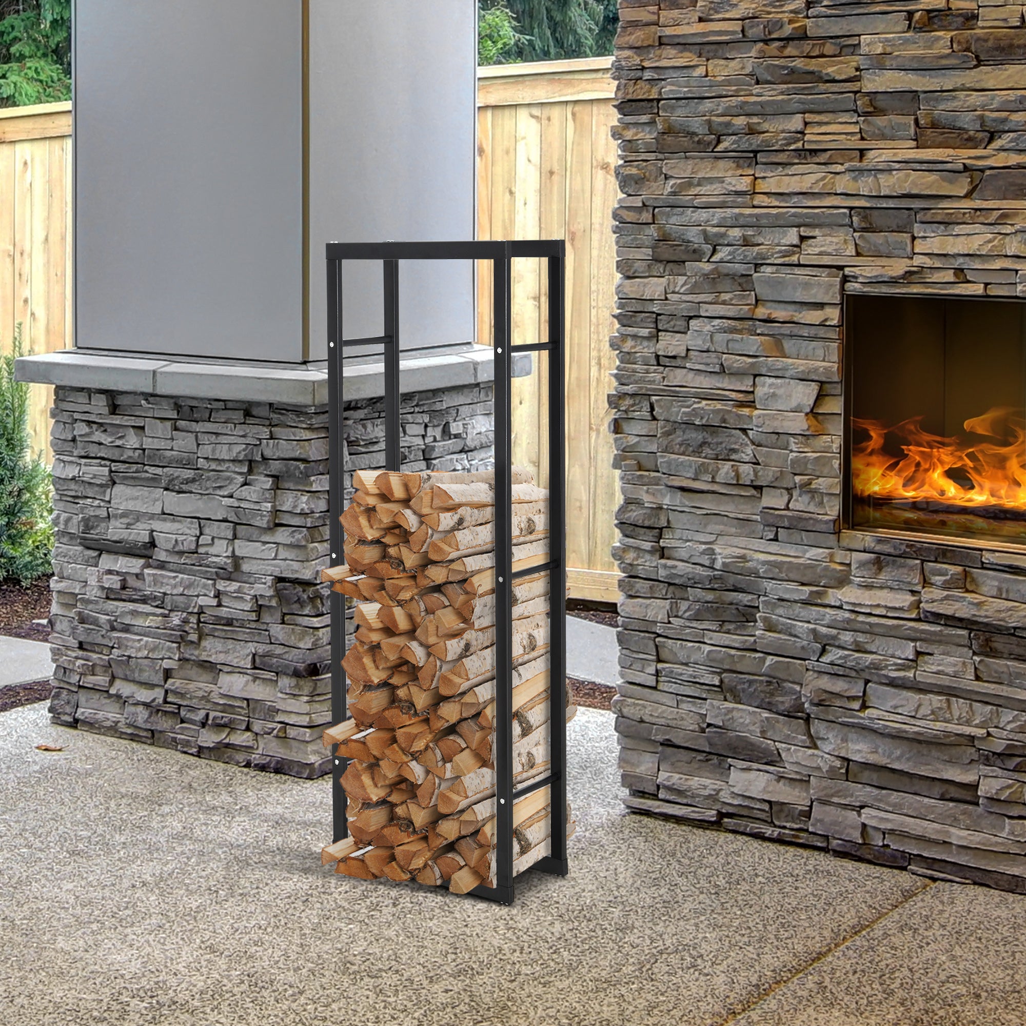 HOMCOM Metal Firewood Log Holder Tall Firewood Rack Indoor Outdoor Fireplace Wood Storage Shelf with Side Rails, Rust-Resistant, Black, 40W x 25D x 150H cm - North Peak Garden Furniture
