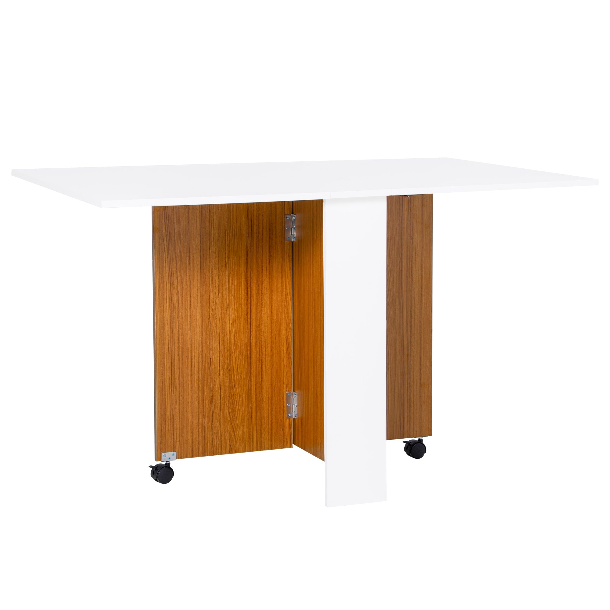 HOMCOM Folding Dining Table Writing Desk Workstation w/ Casters Teak Colour, White - North Peak Garden Furniture
