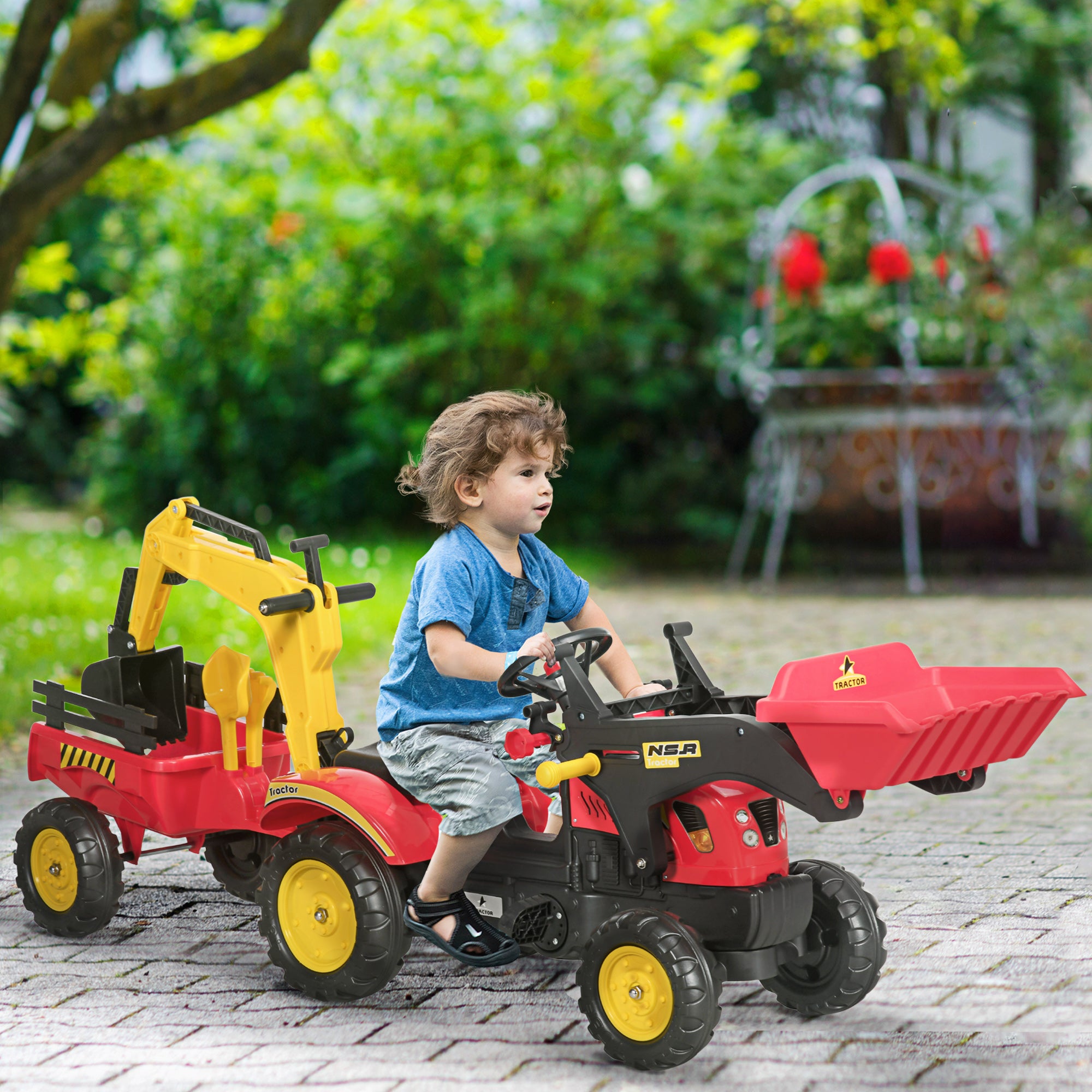 HOMCOM Kids Children Pedal Go Kart Ride On Toy Car Excavator Tractor w/ Moving Bucket Steering Wheel Removable Digger For 3 - 6 Years - North Peak Garden Furniture