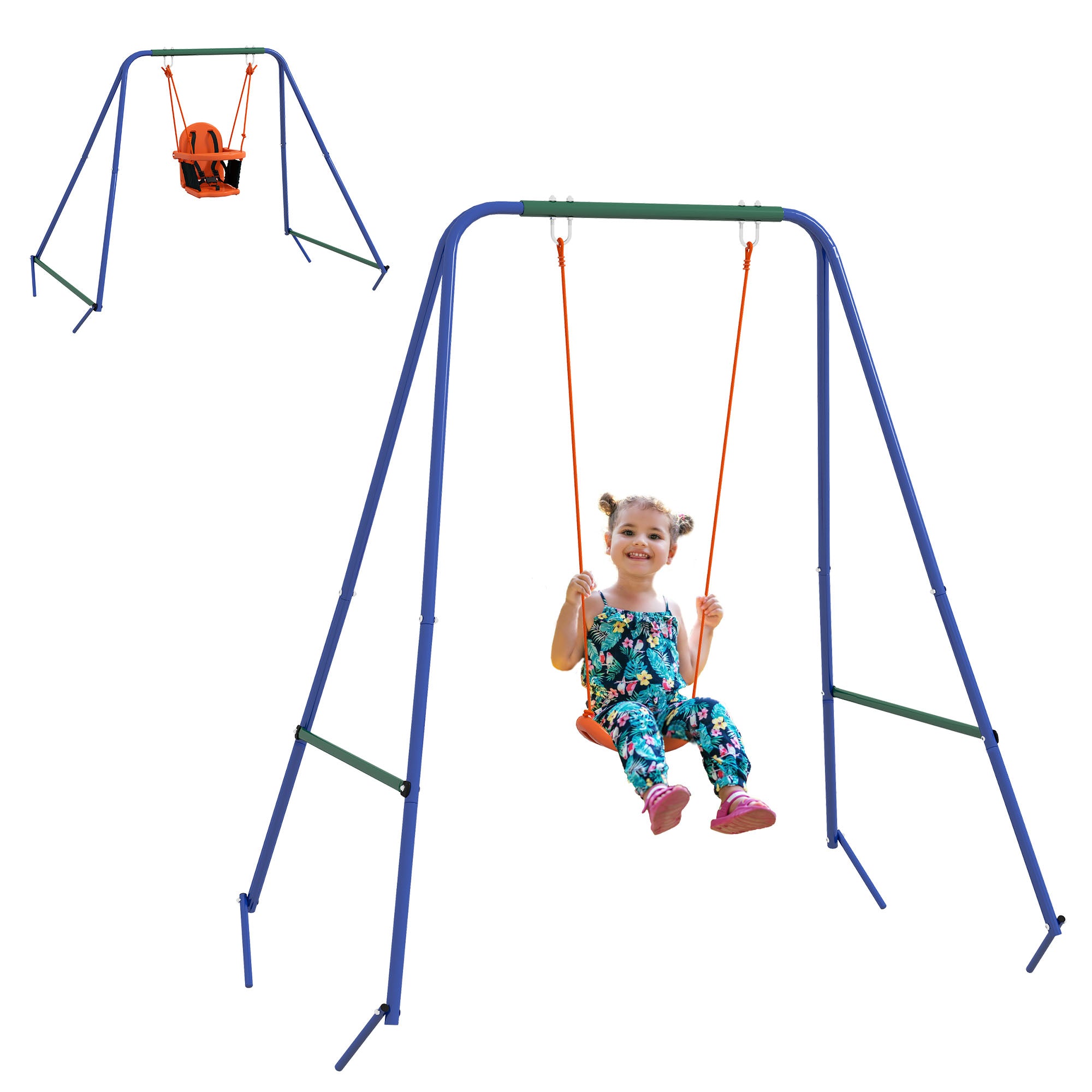 Outsunny Two-In-One Toddler Garden Swing, with Comfortable Seat, Safety Belt - Orange and Blue - North Peak Garden Furniture