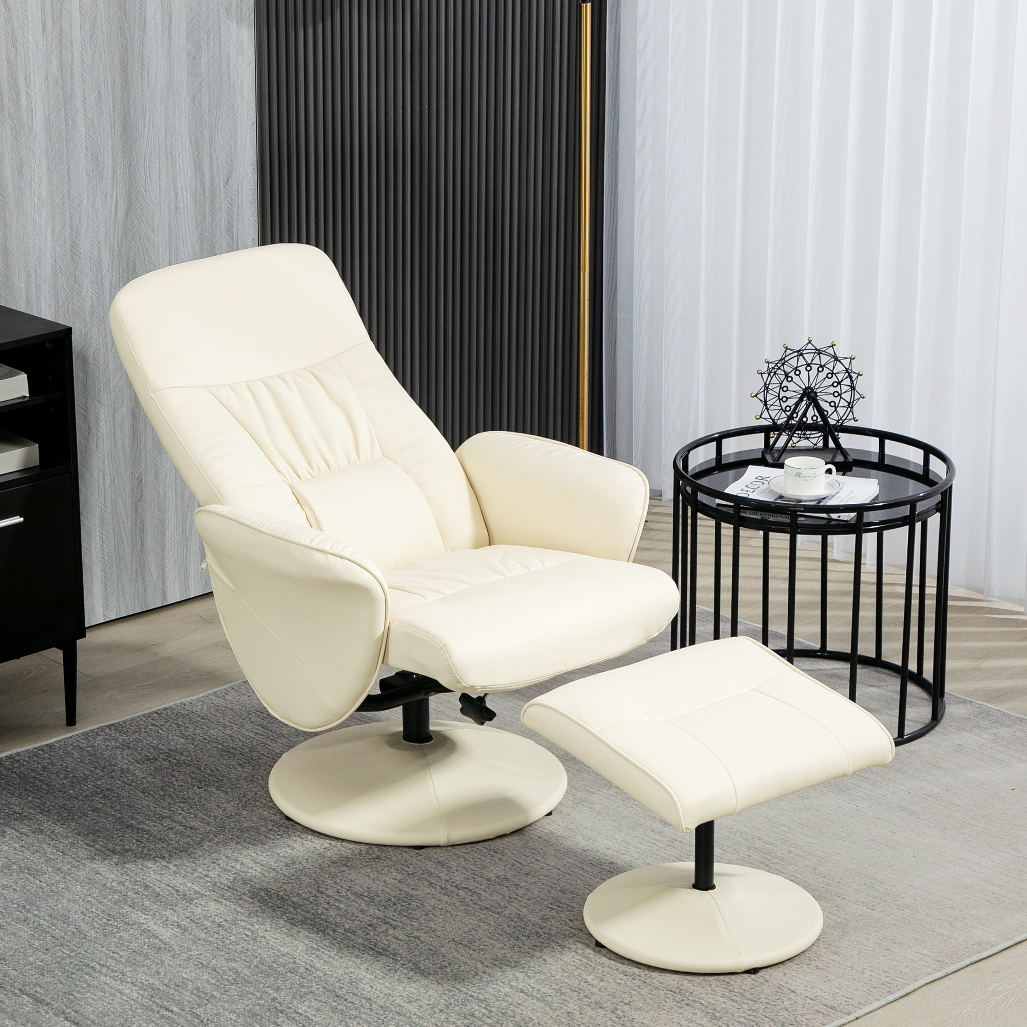 HOMCOM Swivel Recliner Chair with Footstool, PU Leather Armchair and Ottoman with High Back and Round Base for Living Room, Cream White - North Peak Garden Furniture