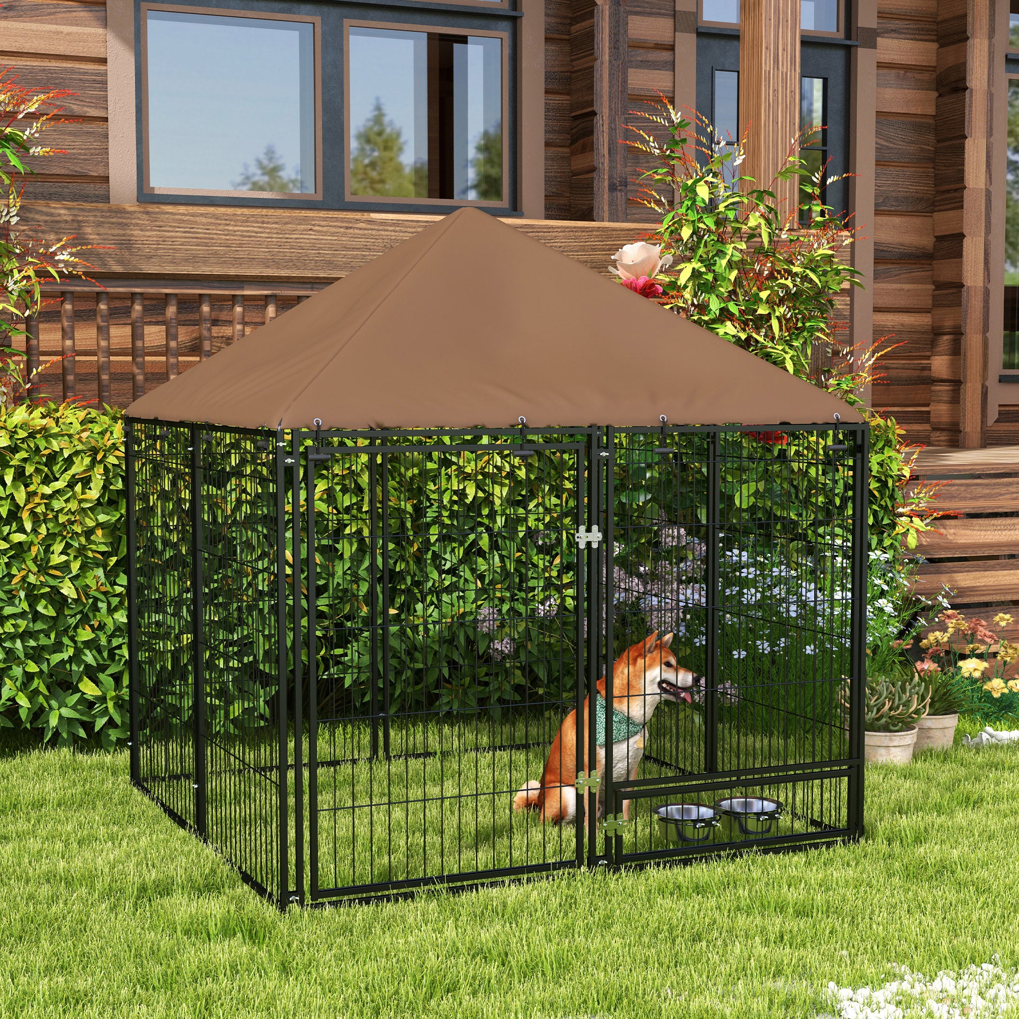 PawHut Outdoor Dog Kennel Puppy Play Pen with Canopy Garden Playpen Fence Crate Enclosure Cage Rotating Bowl 141 x 141 x 151 cm - North Peak Garden Furniture