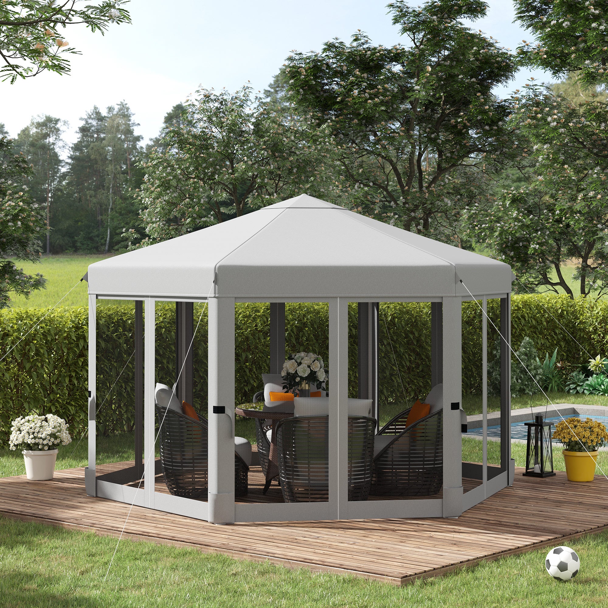 Outsunny 3.2m Pop Up Gazebo Hexagonal Canopy Tent Outdoor Sun Protection with Mesh Sidewalls, Handy Bag, Light Grey - North Peak Garden Furniture