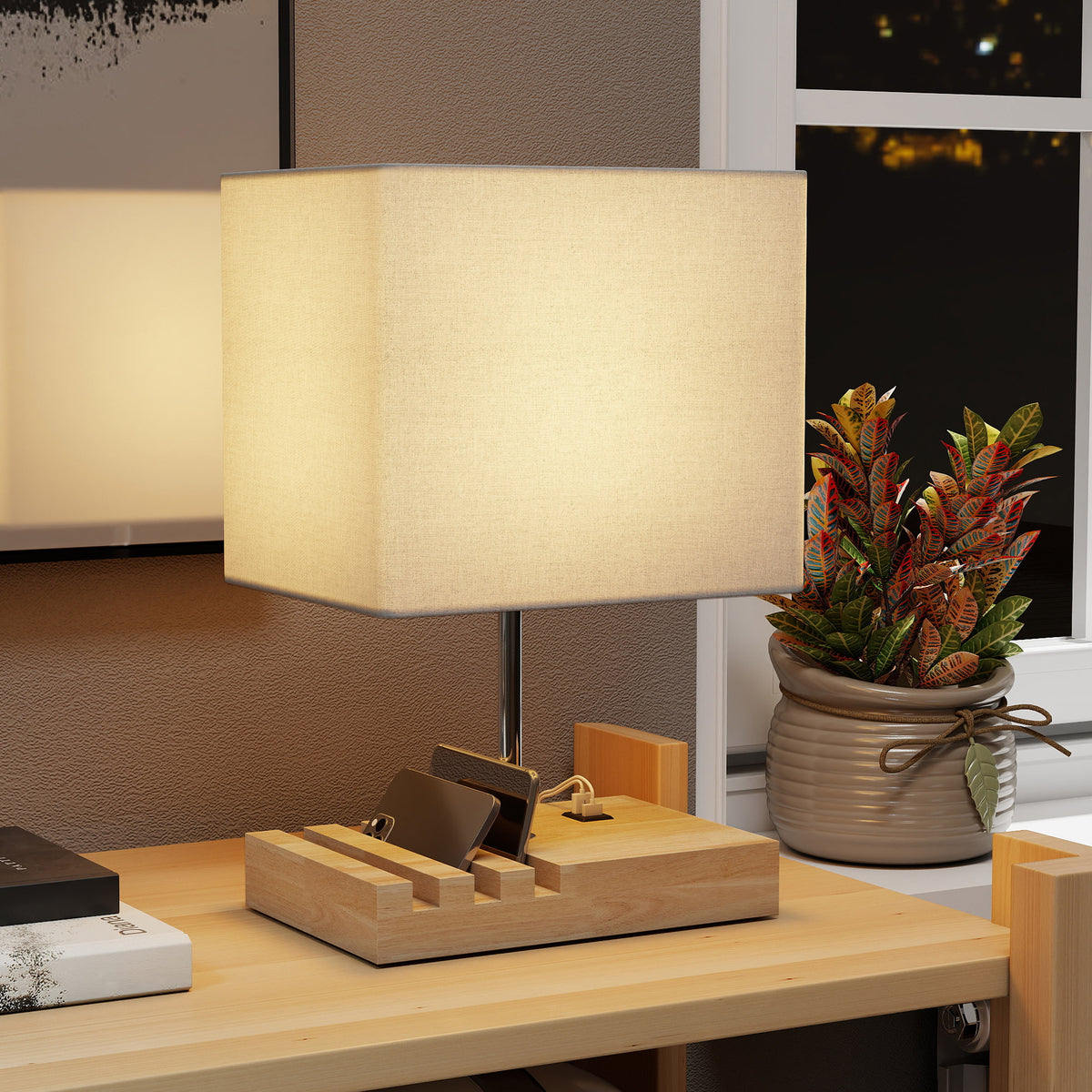 HOMCOM Bedside Lamp with USB A+C Charging Ports and 3 Phone Stands, Modern Table Lamp with Solid Wood Base and Fabric Shade for Bedroom Living Room Office, E27 Socket, Bulb Not Included, White
