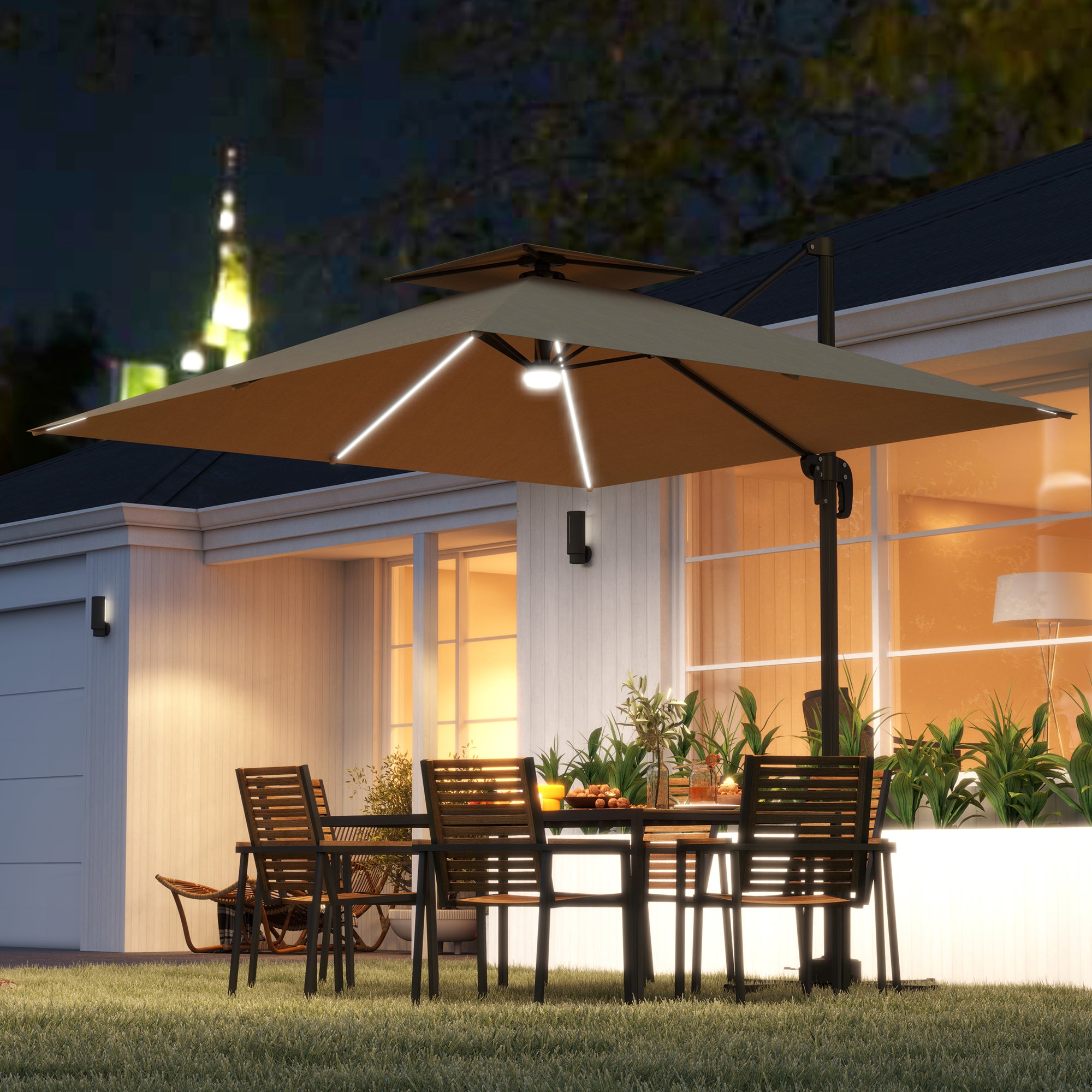 Outsunny 2.5m Cantilever Parasol with Solar Powered LED Lights, 360° Rotation, Tilt Adjustment, Crank Handle, Khaki - North Peak Garden Furniture