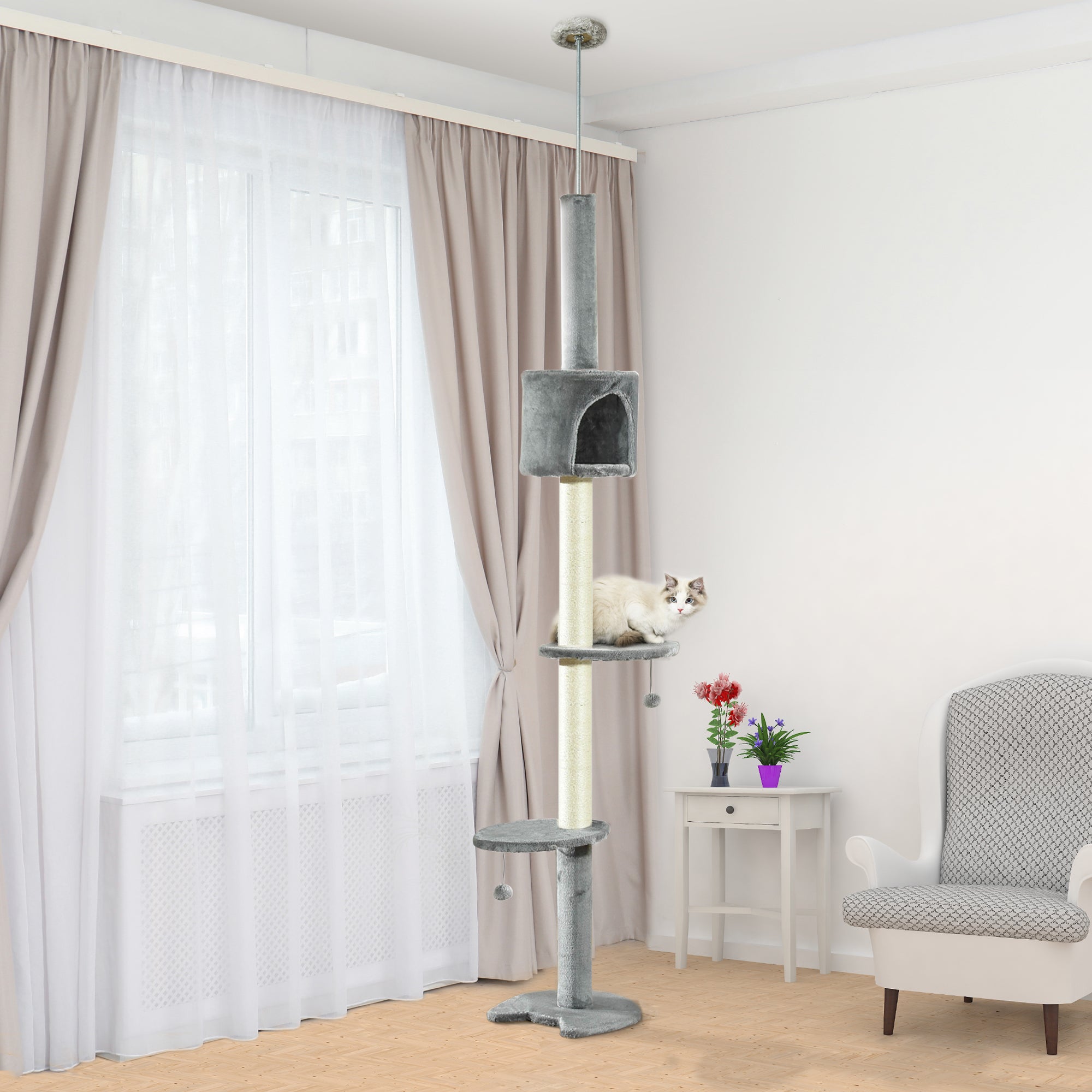 PawHut Floor to Ceiling Cat Tree for Indoor Cats, Kitten Tower, Condo, Multi-Layer Activity Center, Indoor Pet Play House with Solid Scratching Post Hanging Balls, Light Grey - North Peak Garden Furniture