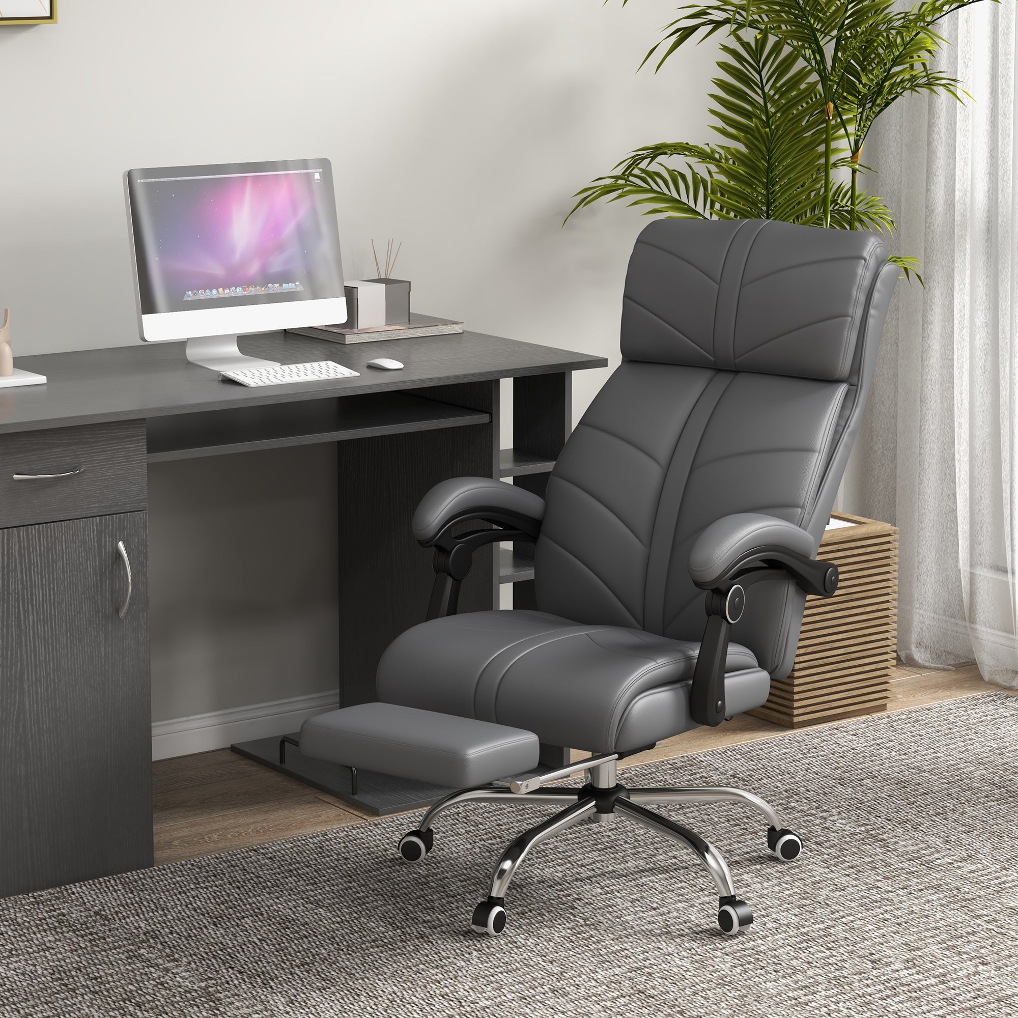 Vinsetto High Back Vibration Massage Office Chair, Heated Reclining PU Leather Computer Chair with Footrest, Grey - North Peak Garden Furniture
