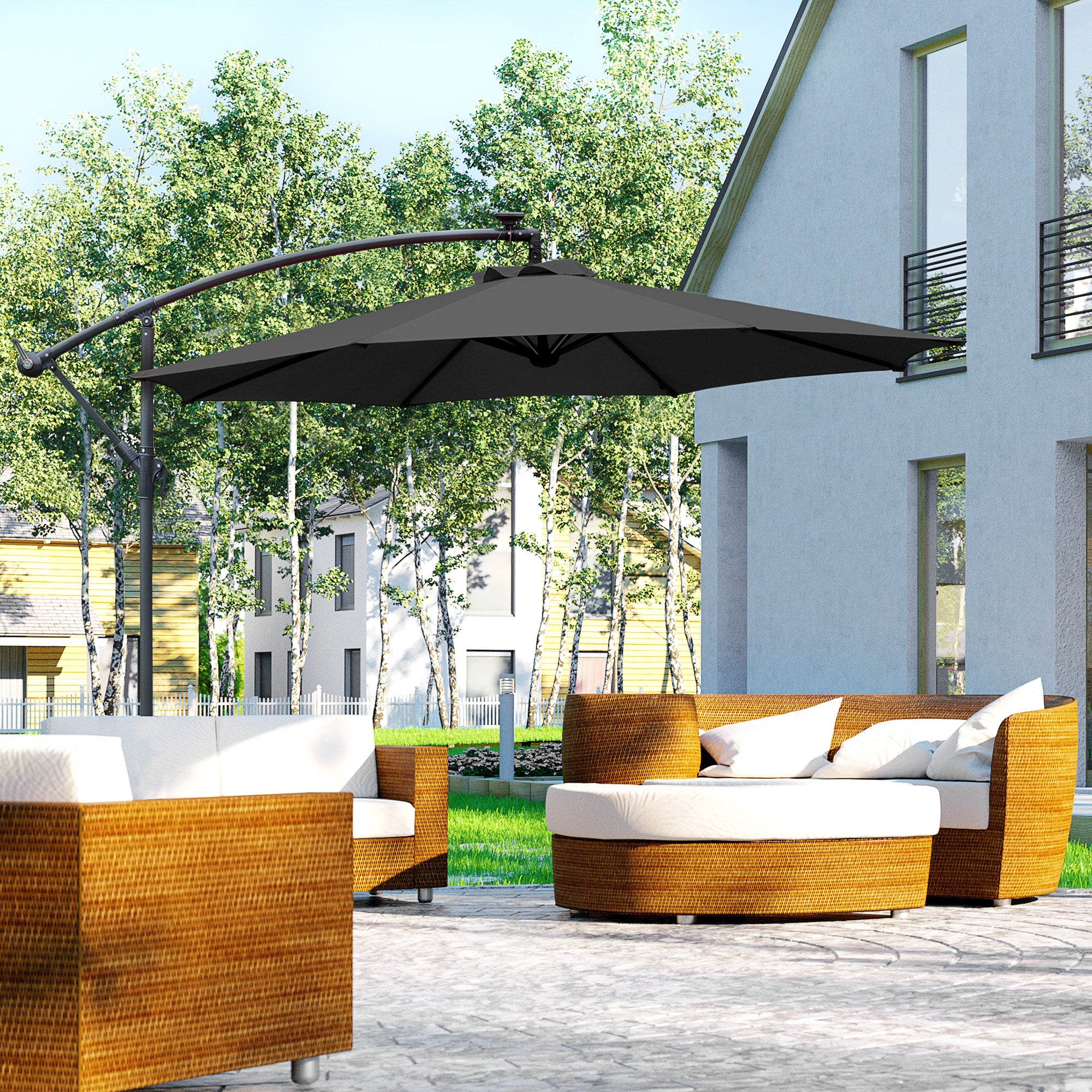 Outsunny 3m LED Patio Banana Umbrella Cantilever Parasol w/ Crank Cross Base Hanging Offset Umbrella Frame Steel Aluminium Garden Table Outdoor Black - North Peak Garden Furniture