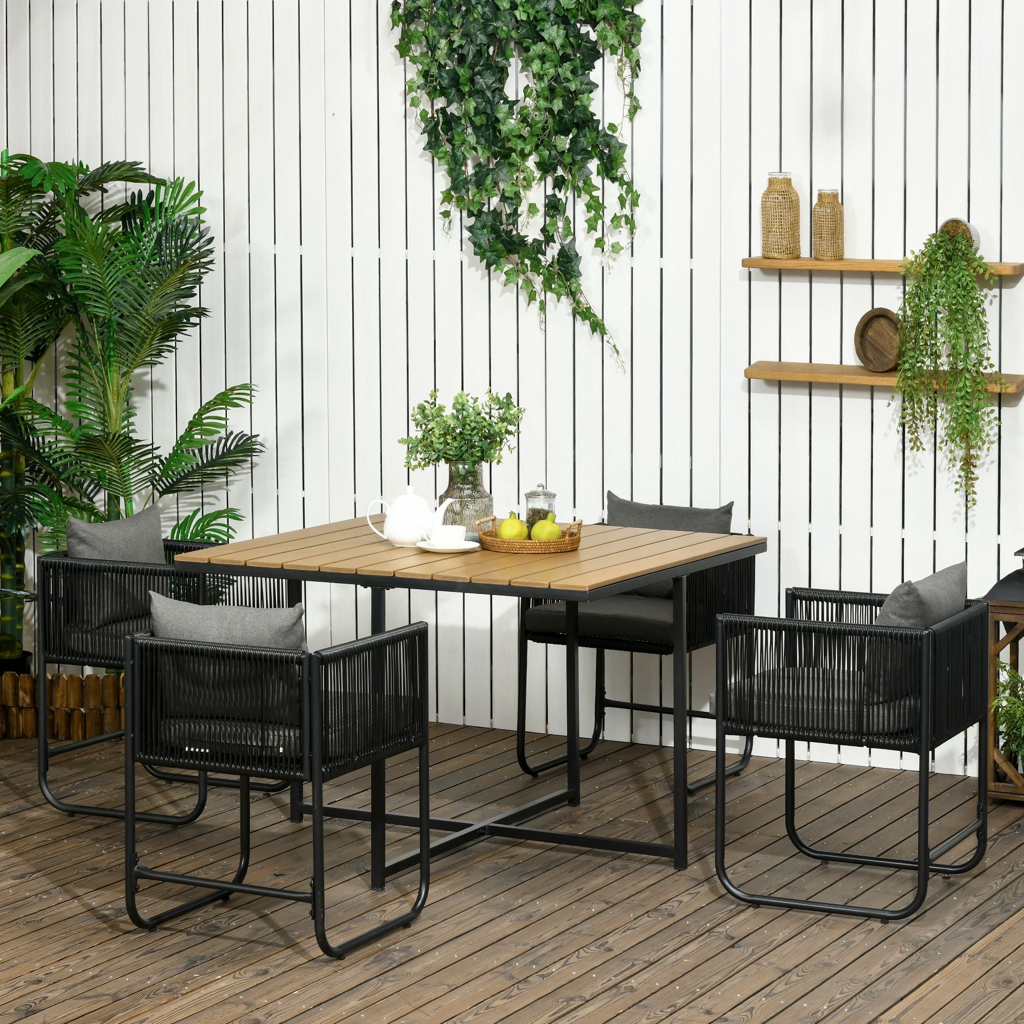 Outsunny 4 Seater Rattan Cube Garden Furniture Set, Rattan Dining Set with Cushions, Outdoor Dining Table and Chairs with Rectangular Wood Grain Plastic Top Table for Patio, Balcony, Black - North Peak Garden Furniture