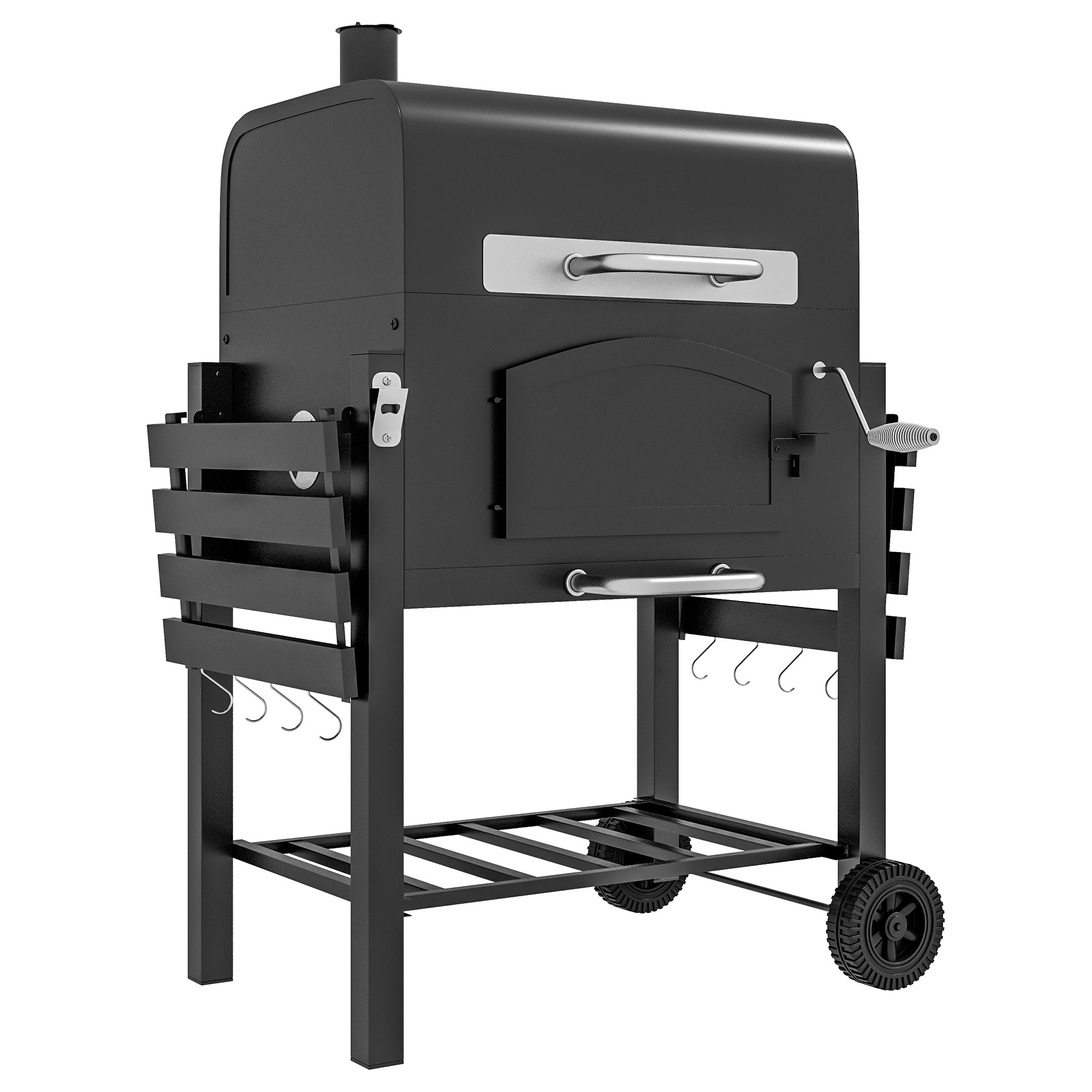 Outsunny Charcoal Barbecue Grill Trolley Garden Smoker with Shelves, Adjustable Height, Thermometer on Lid, Opener and Wheels - North Peak Garden Furniture