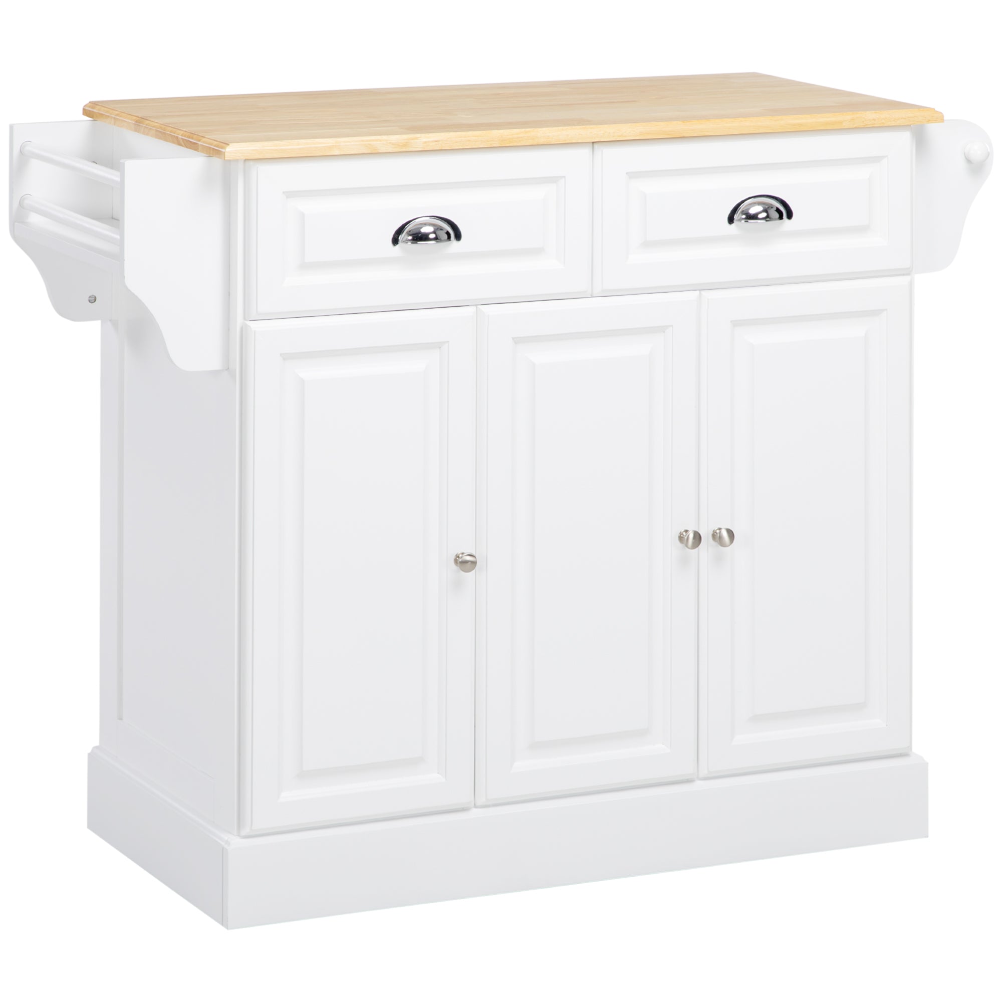 HOMCOM Kitchen Island with Storage Rolling Kitchen Serving Cart with Rubber Wood Top Towel Rack Storage Drawer Cabinet White - North Peak Garden Furniture