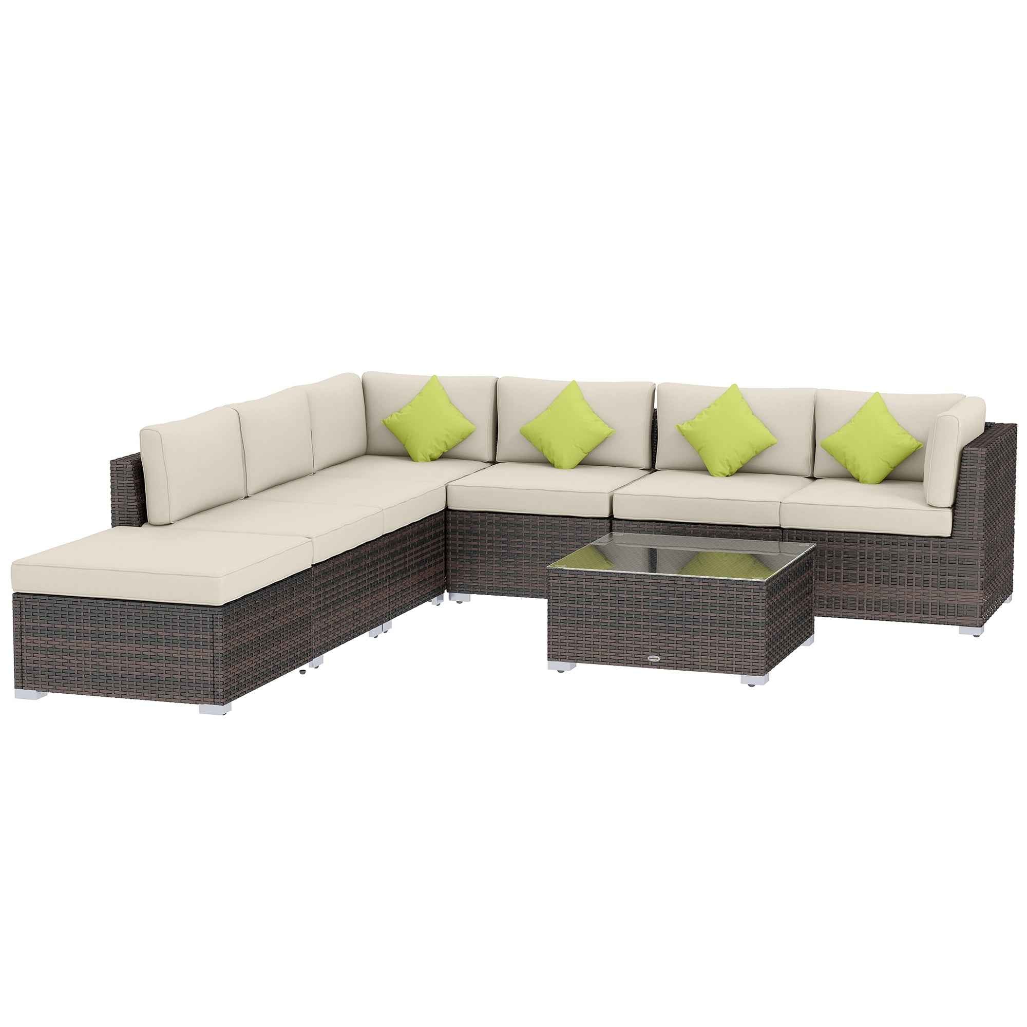 Outsunny 8 Pieces PE Rattan Corner Sofa Set with Thick Cushions, Aluminium Outdoor Rattan Garden Furniture Set with Glass Top Table, No Assembly Required, Mixed Brown