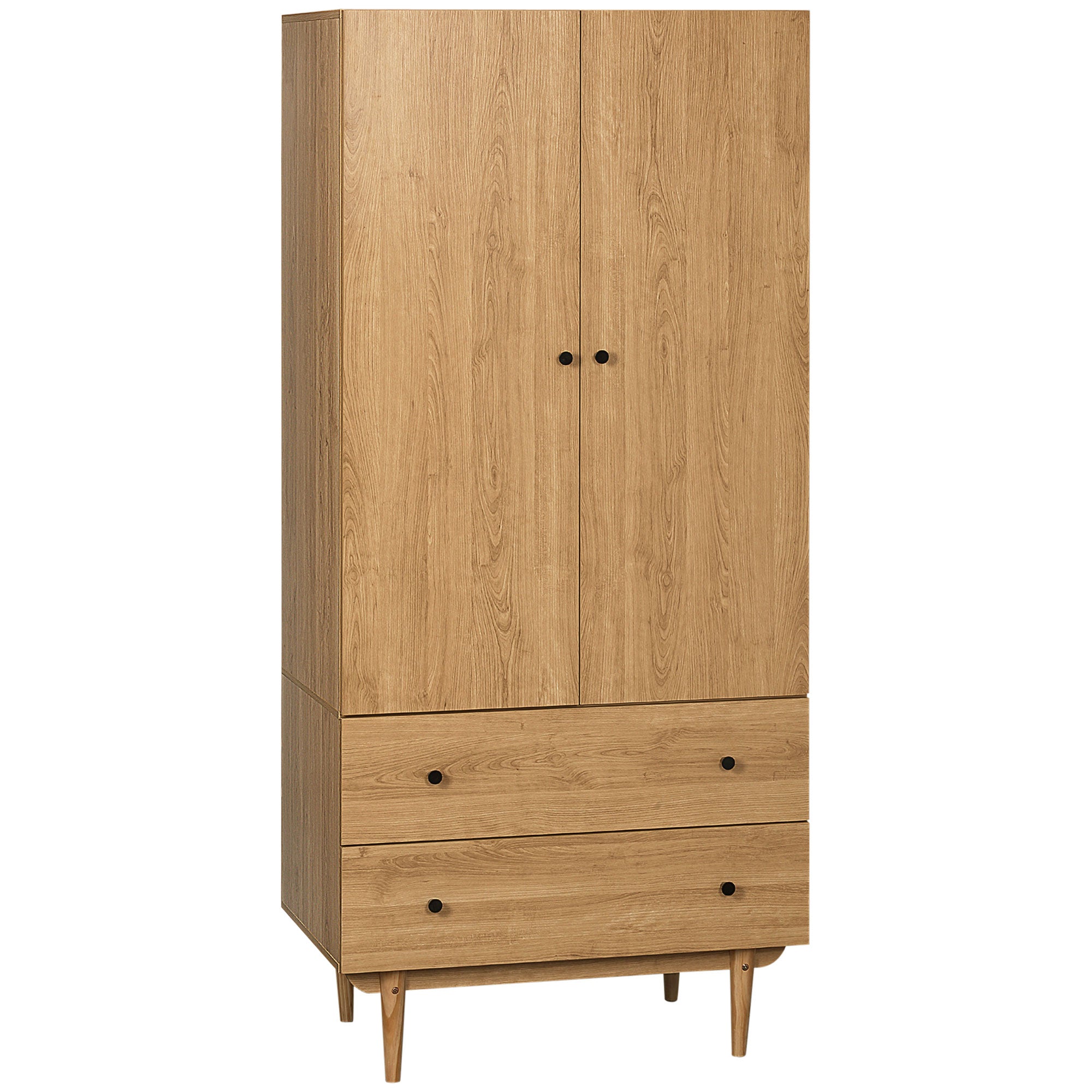 HOMCOM Wardrobe with 2 Doors, 2 Drawers, Hanging Rail for Bedroom Clothes Storage Organiser, 80x52x180cm, Natural Tone - North Peak Garden Furniture