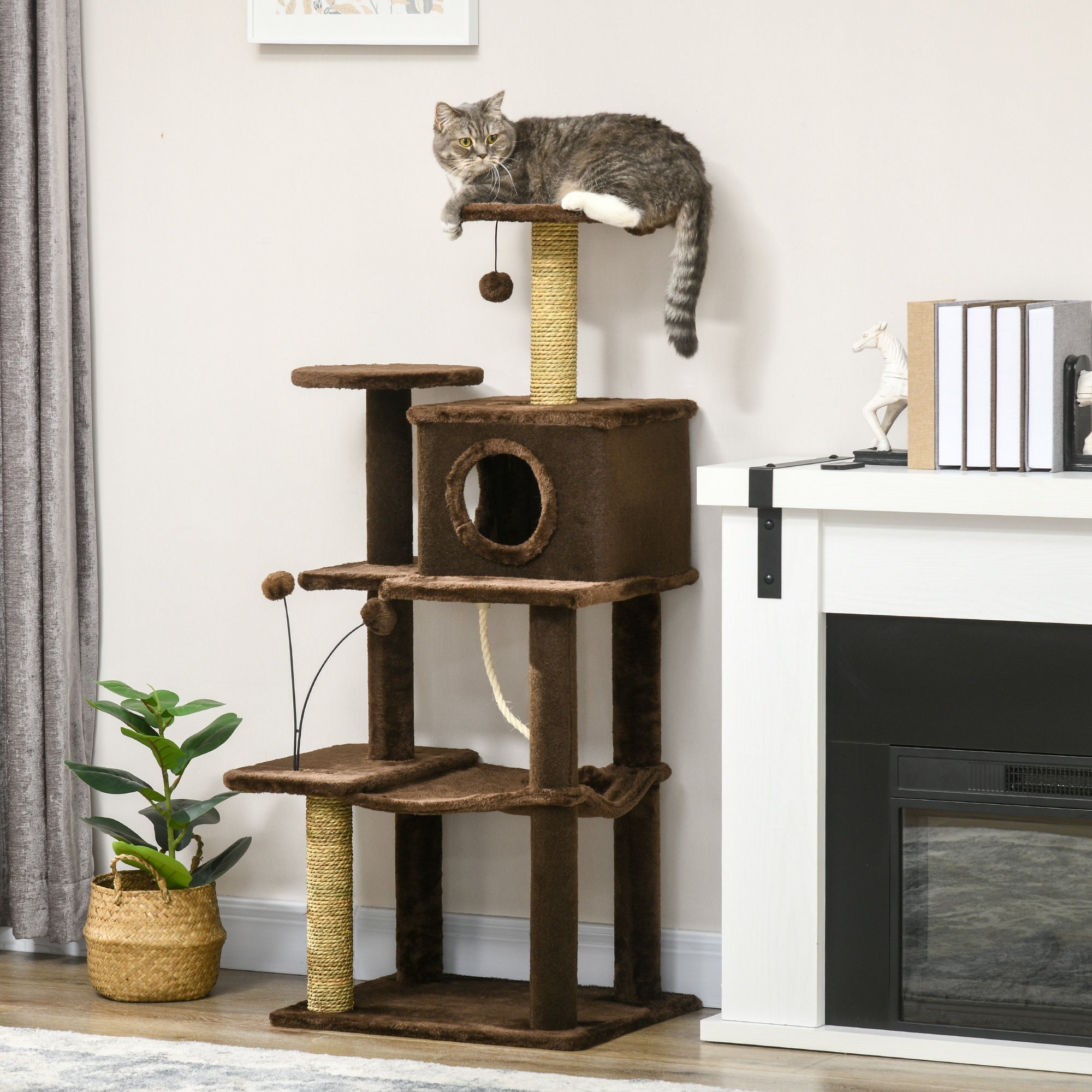 PawHut 136cm Cat Tree for Indoor Cats, Modern Cat Tower with Scratching Posts, house, Platforms, Toy Ball - Brown - North Peak Garden Furniture