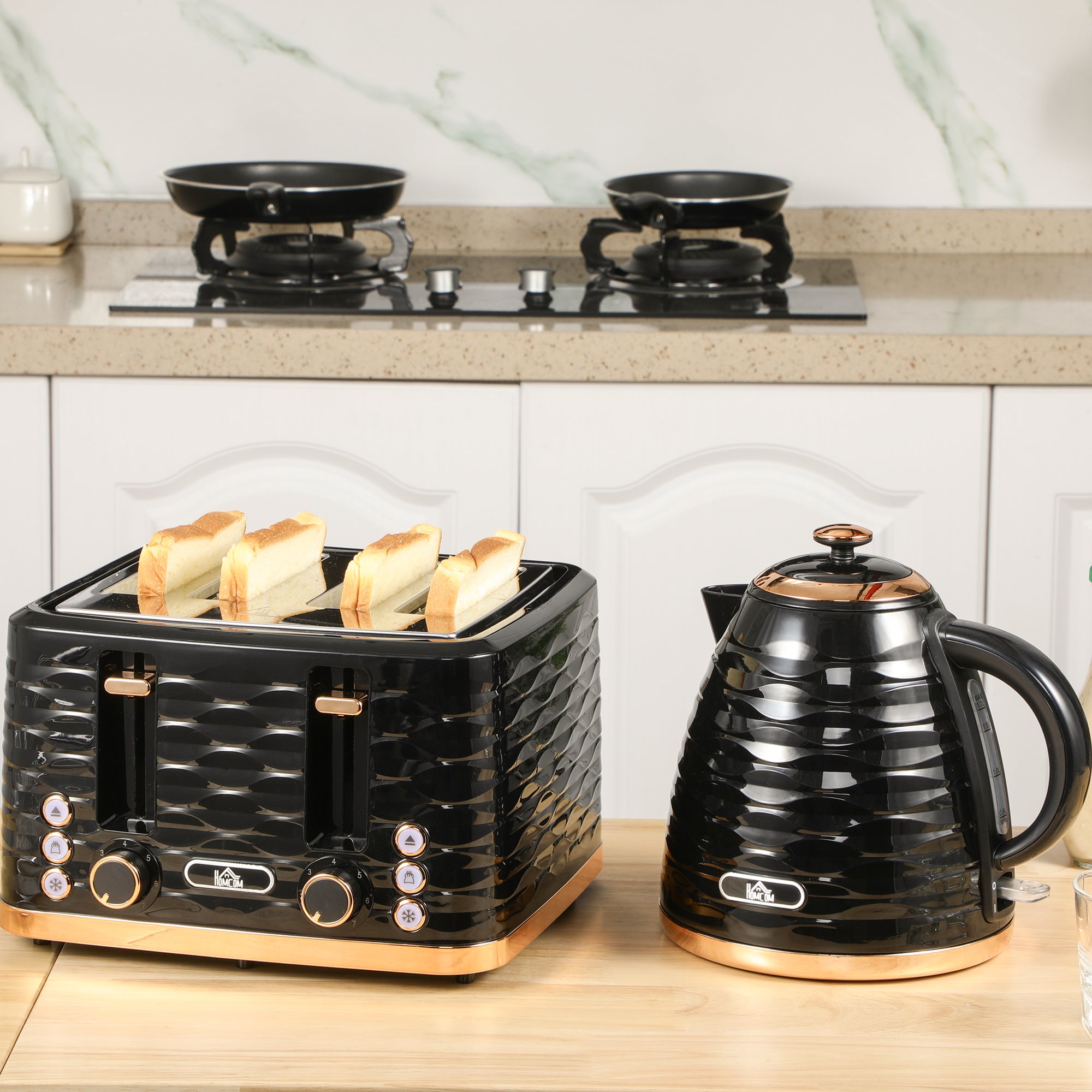 HOMCOM Kettle and Toaster Sets, 3000W 1.7L Rapid Boil Kettle & 4 Slice Toaster with 7 Browning Controls, Defrost, Reheat and Crumb Tray, Otter thermostat, Black - North Peak Garden Furniture