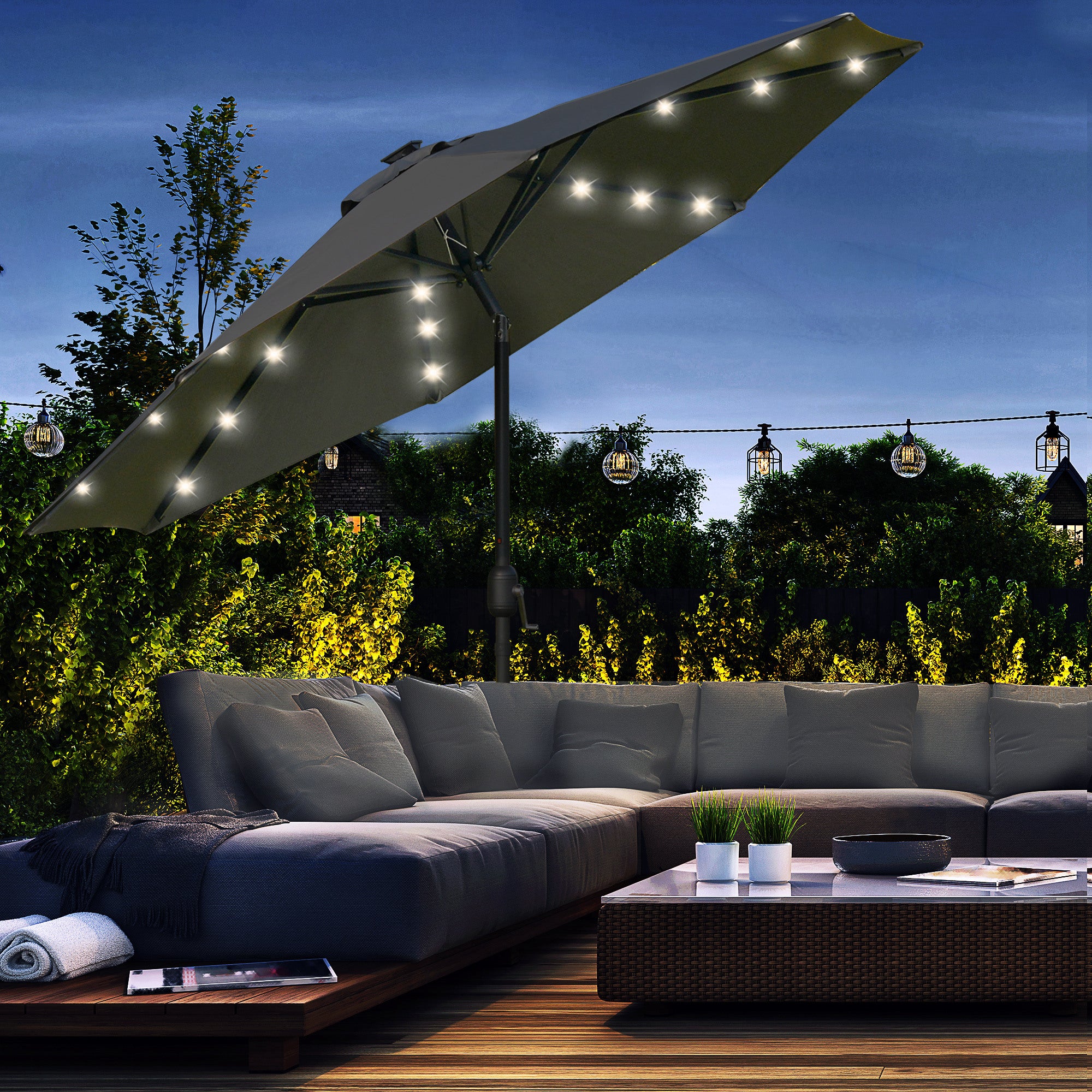 Outsunny 2.7m Patio Garden Umbrella Outdoor Parasol with Tilt Crank and 24 LEDs Lights (Grey) - North Peak Garden Furniture