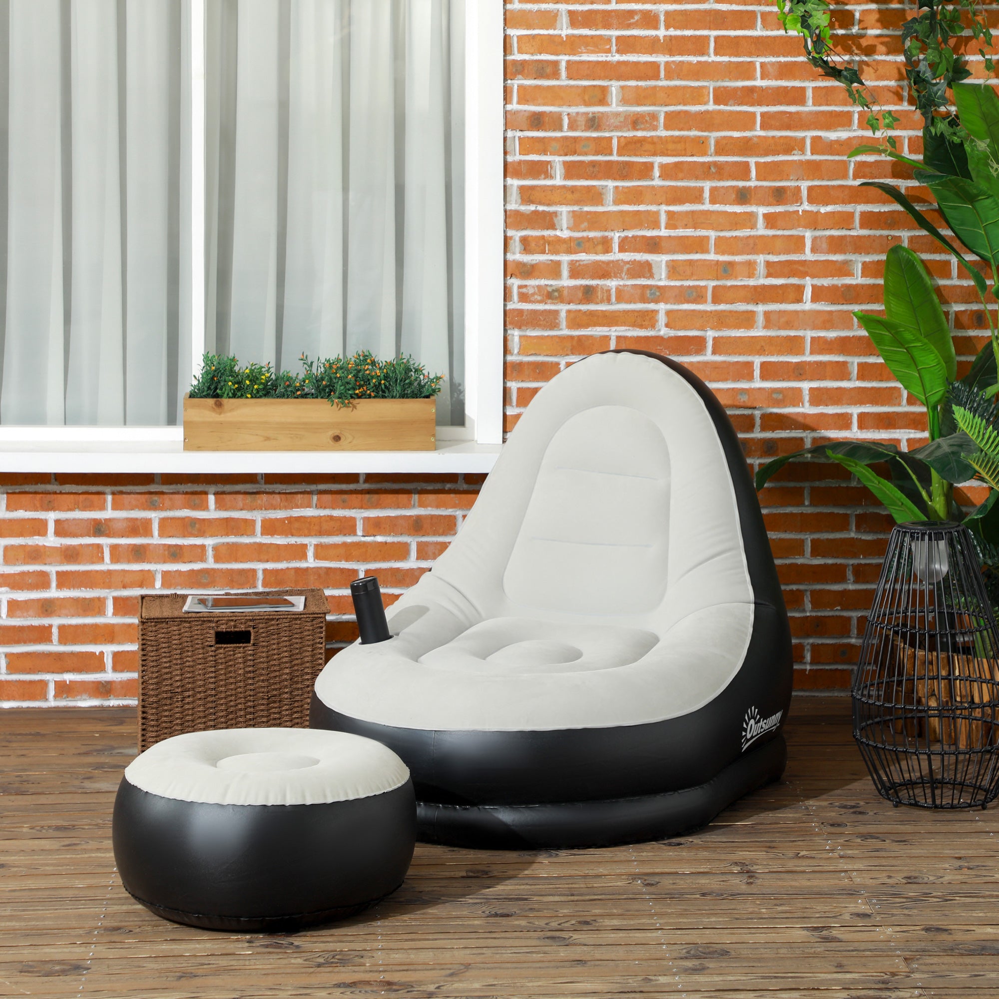 Outsunny Inflatable Sofa Chair and Foot Stool Set with Cup Holder, for Gaming, Reading and Movie Watching, Grey - North Peak Garden Furniture