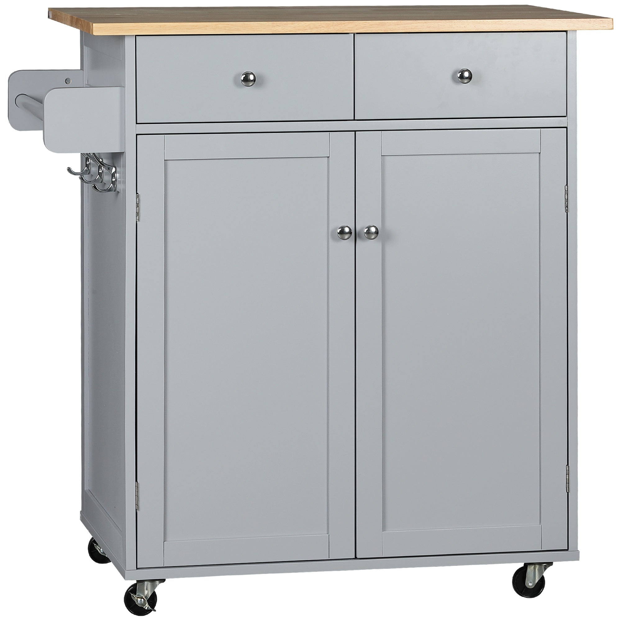 HOMCOM Rolling Kitchen Island on Wheels, Utility Serving Cart with Rubber Wood Top, Towel Rack, Hooks and Storage Drawers, Grey - North Peak Garden Furniture