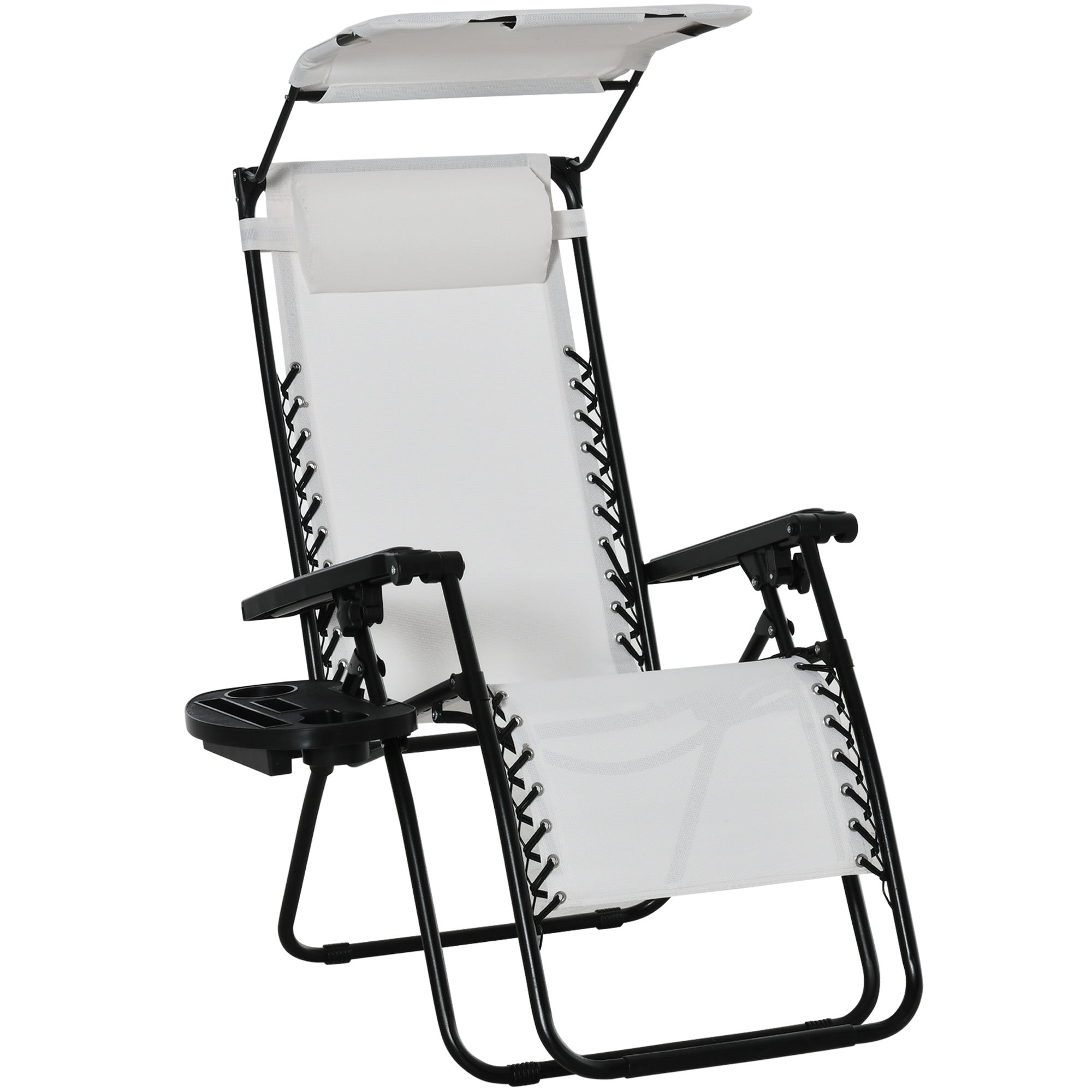 Outsunny Zero Gravity Garden Folding Patio Sun Lounger w/Cup Holder & Canopy Shade White - North Peak Garden Furniture